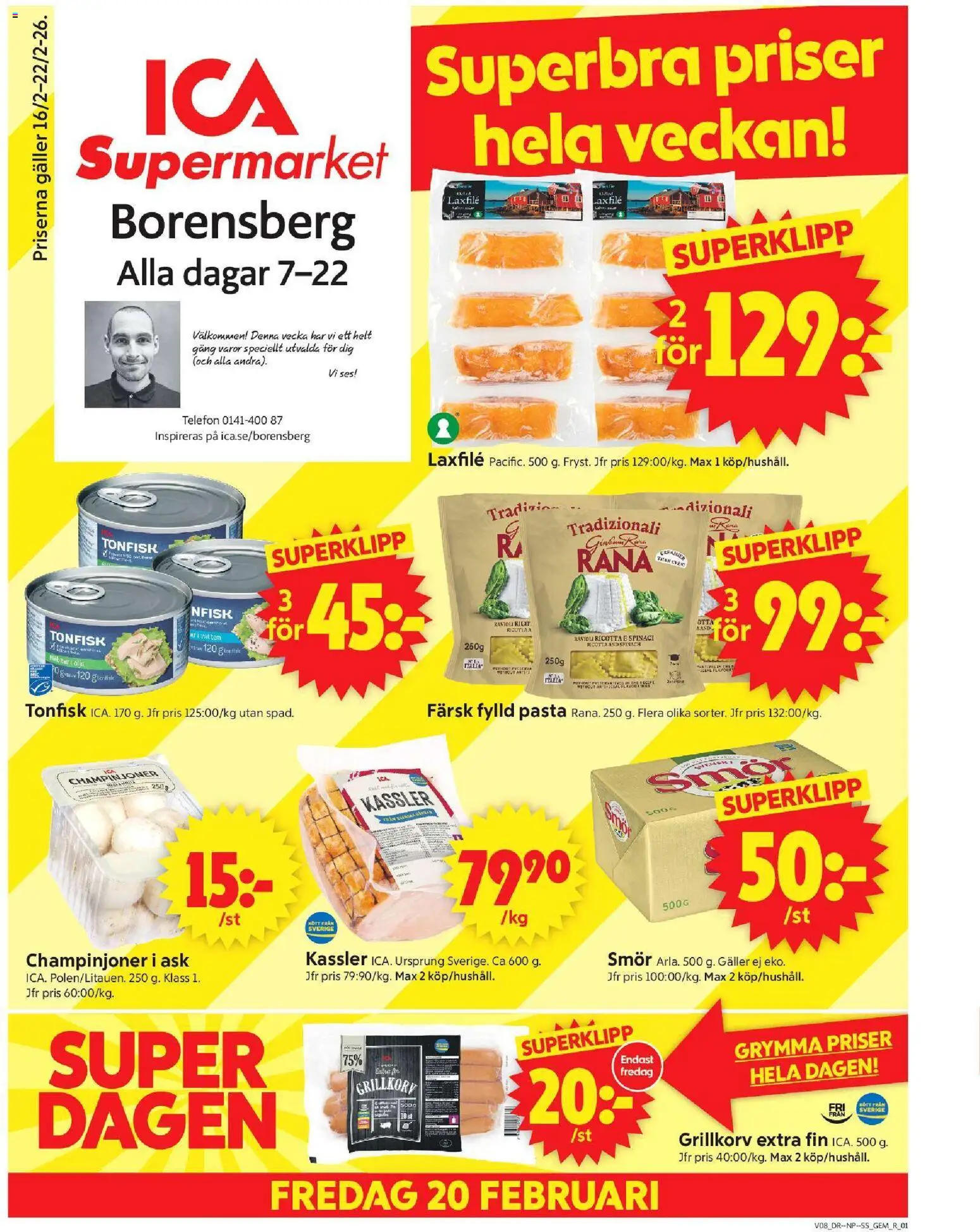 Förhandsgranska reklamblad Borensberg från butik ICA Supermarket gäller från 16/02/2026 - Pasta, Telefon, Ricotta, Smör, Gem, Galler, Champinjoner, Grillkorv