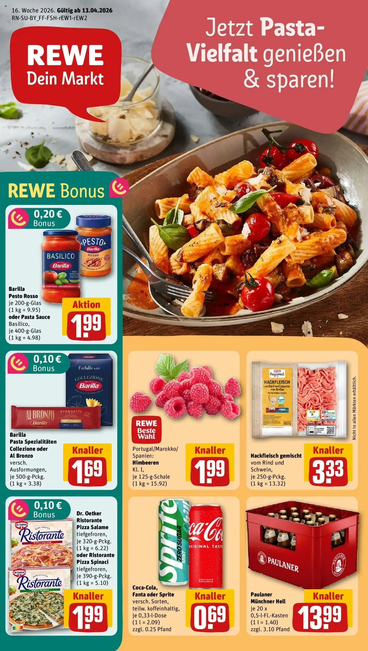 Vorschau von dem Prospekt des Geschäftes Rewe, gültig ab dem 12.04.2026 - Pasta, Spaghetti, Hackfleisch, Ristorante, Fanta, Sprite, Barilla pesto, Spezialitäten