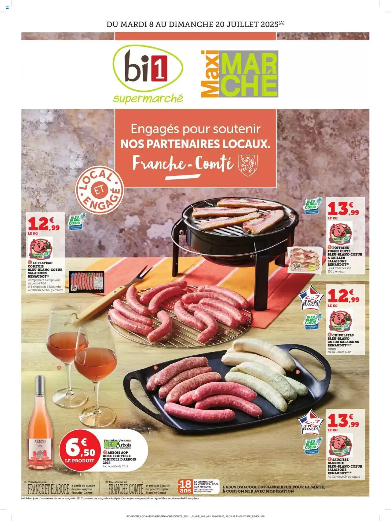 Catalogue de la boutique bi1 valable du 08/07/2025 - Page numéro 1 - Saucisse, Viande, Plateau, Chipolatas, Porc, Bouteille, Comté aop