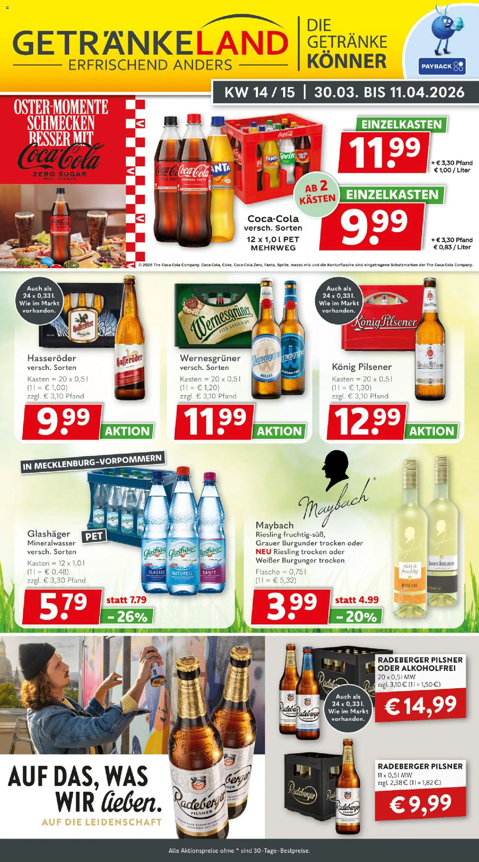 Vorschau von dem Prospekt des Geschäftes Getränkeland, gültig ab dem 30.03.2026 - Coca cola, Mineralwasser, Zucker, Sprite, Mezzo mix, Hasseröder, Wernesgruner, Radeberger pilsner