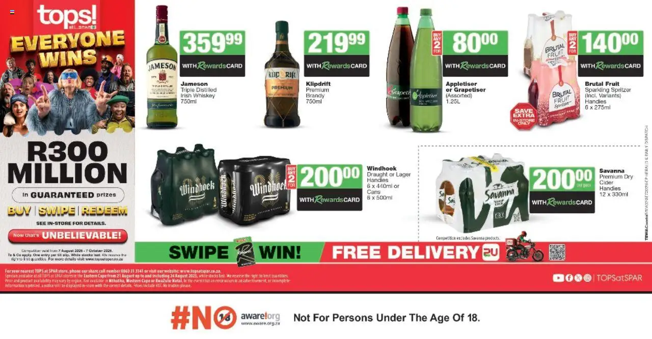 Tops at Spar Eastern Cape - Everyone Wins Specials from 21/08 - 24/08/2025 > Promotions - Phone, Whiskey, Fruit, Brandy, Cider