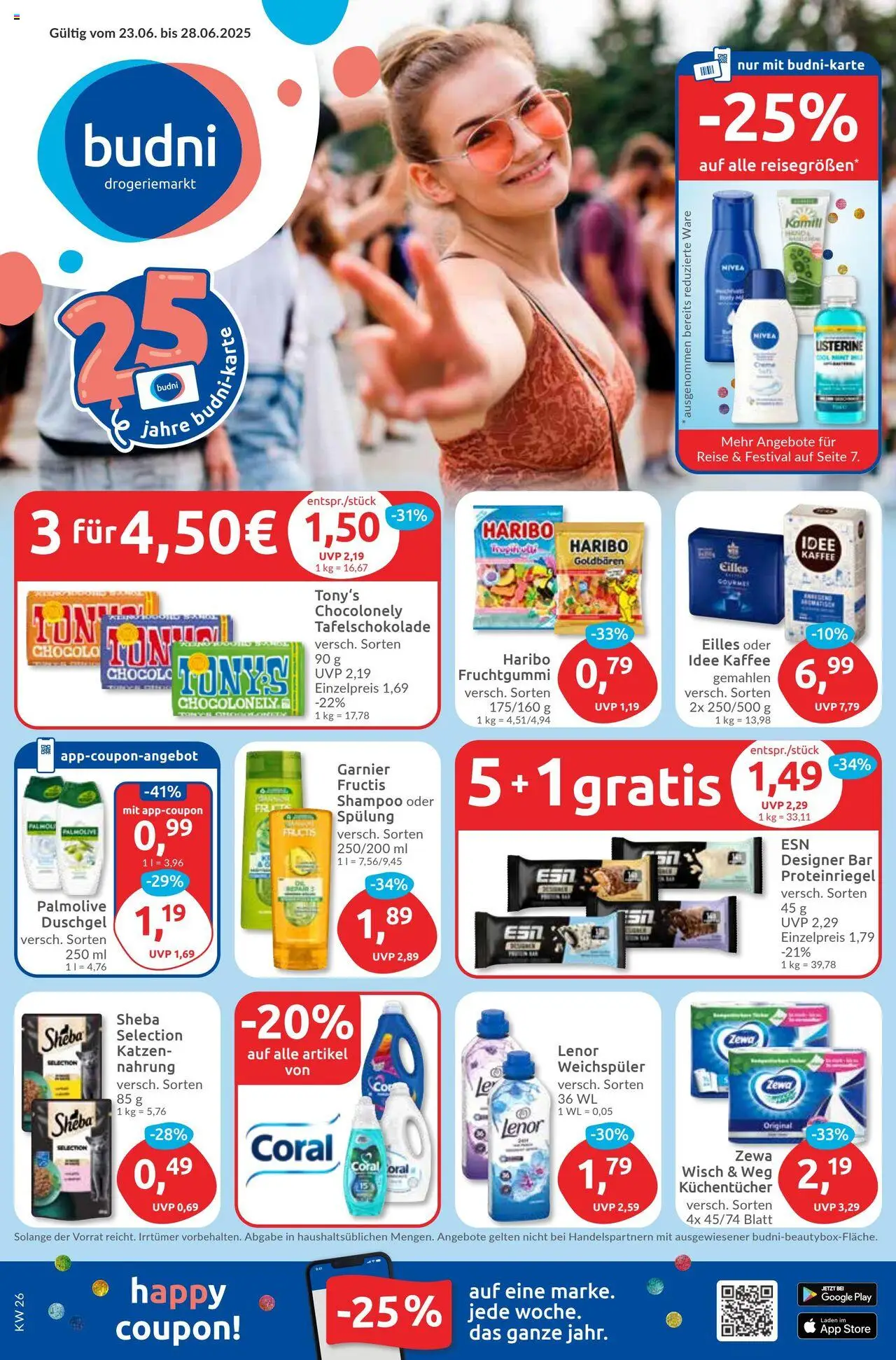 Budni Prospekt (vom 23.06.2025 - 28.06.2025) - Kaffee, Haribo, Shampoo, Weichspüler, Lenor, Coral, Zewa, Sheba