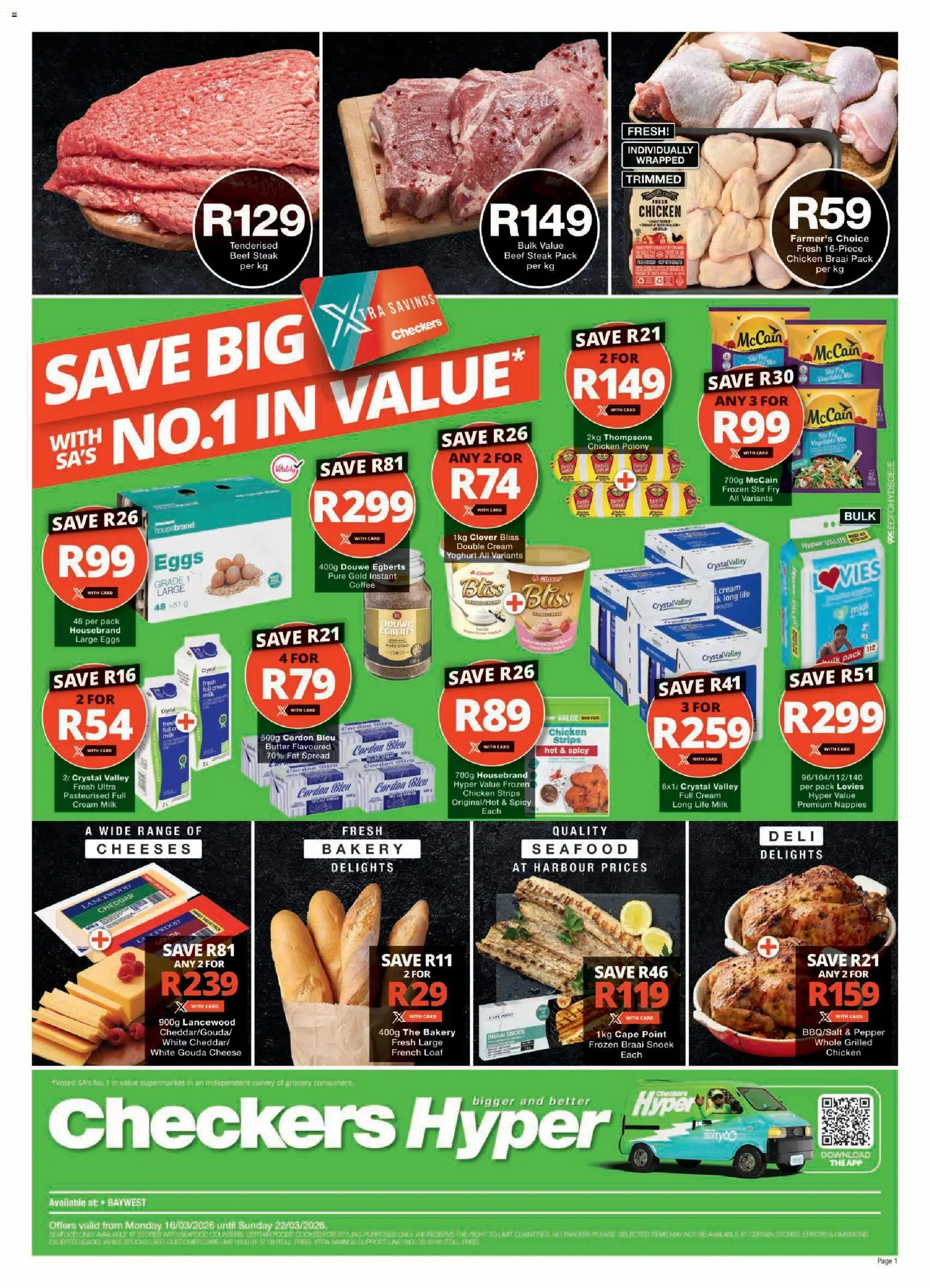 Preview of Checkers flyer valid from 16/03/2026 - Chicken, Cheese, Steak, Yoghurt, Polony, Nappies, Cheddar, Fat spread