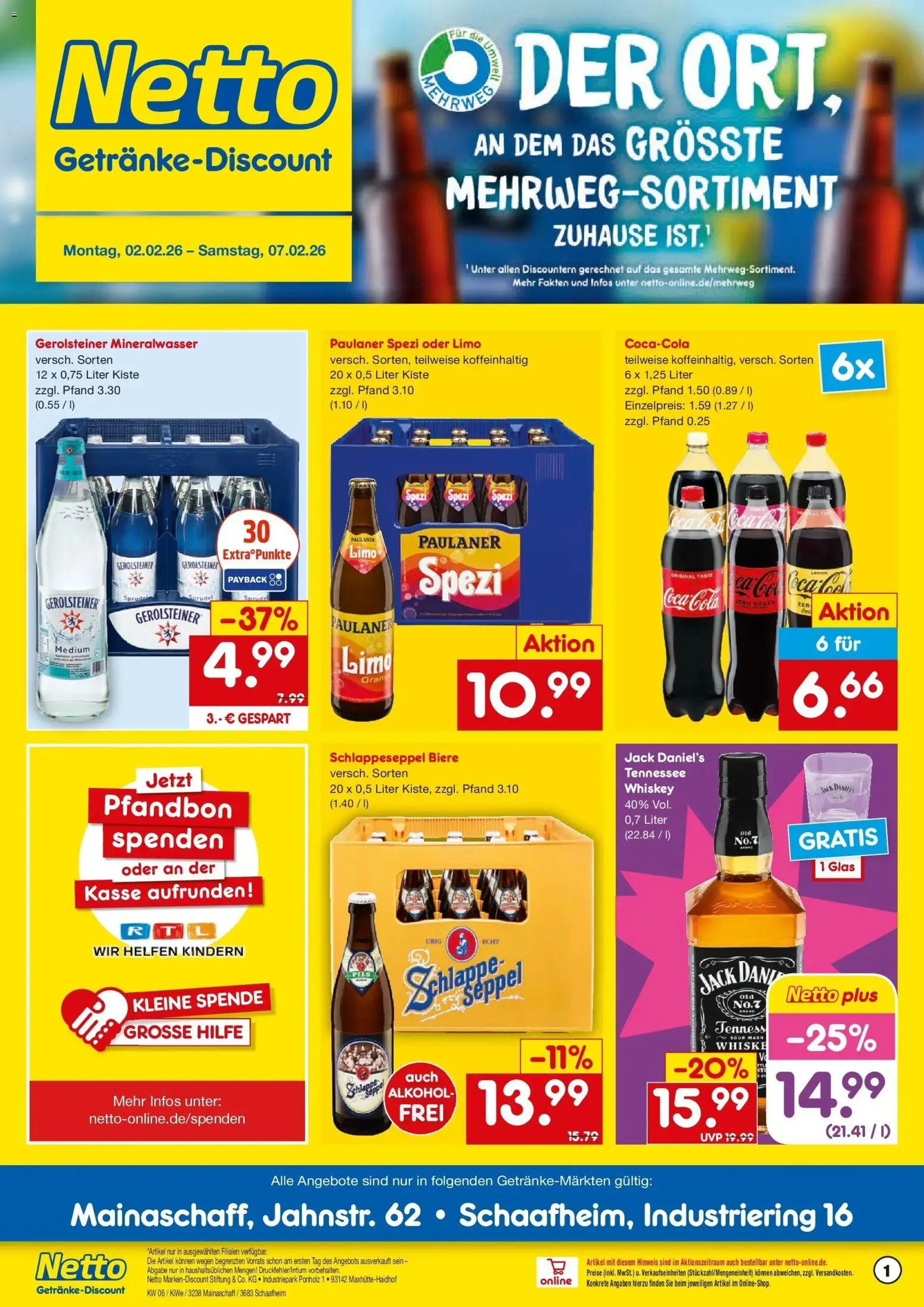Vorschau von dem Prospekt des Geschäftes Netto Marken-Discount, gültig ab dem 02.02.2026 - Coca cola, Mineralwasser, Alkohol, Paulaner spezi, Whiskey, Paulaner, Pils, Jack Daniel's