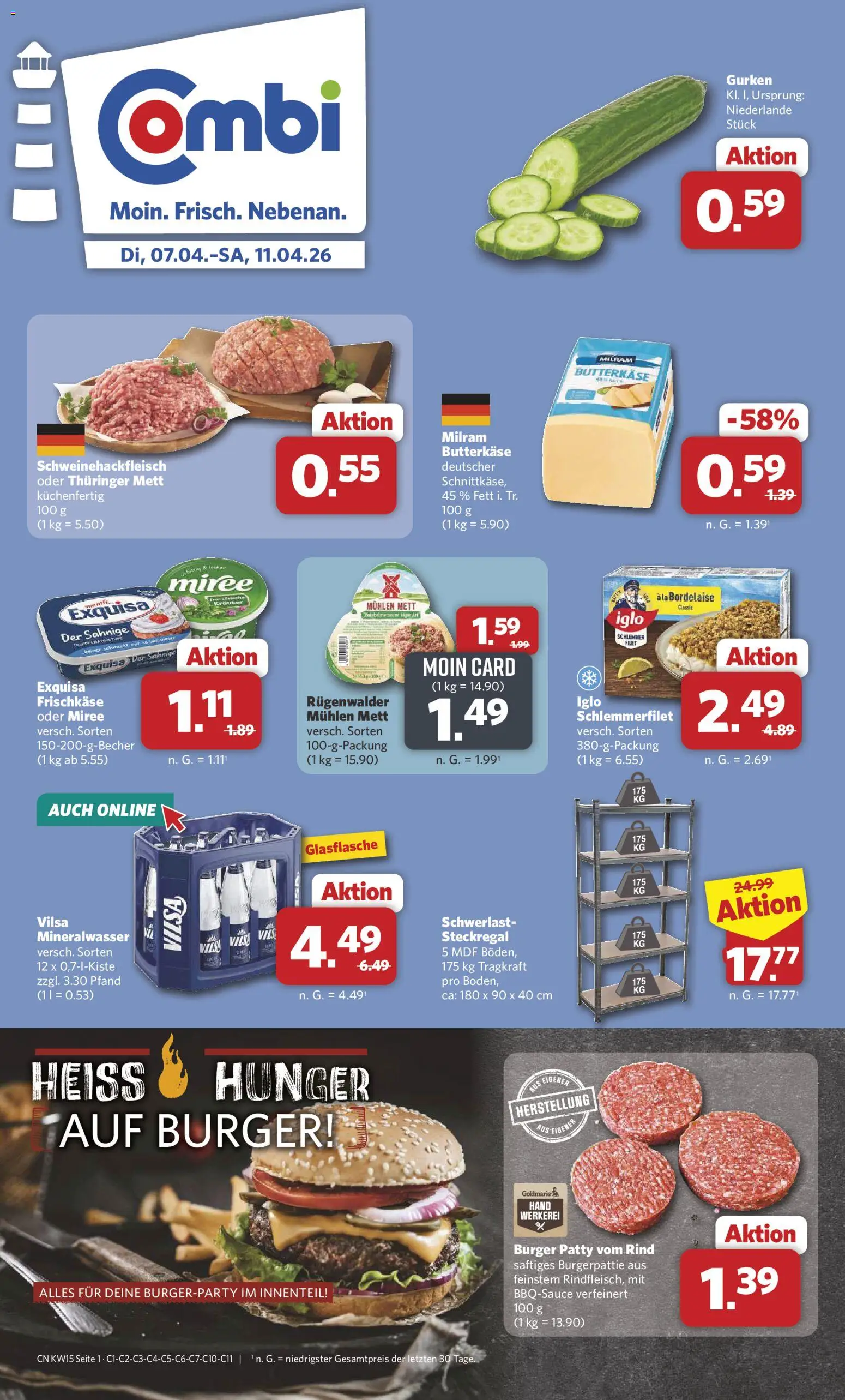 Vorschau von dem Prospekt des Geschäftes Combi, gültig ab dem 07.04.2026 - Burger, Mineralwasser, Gurken, Iglo, Exquisa, Milram, Frischkase, Exquisa frischkase