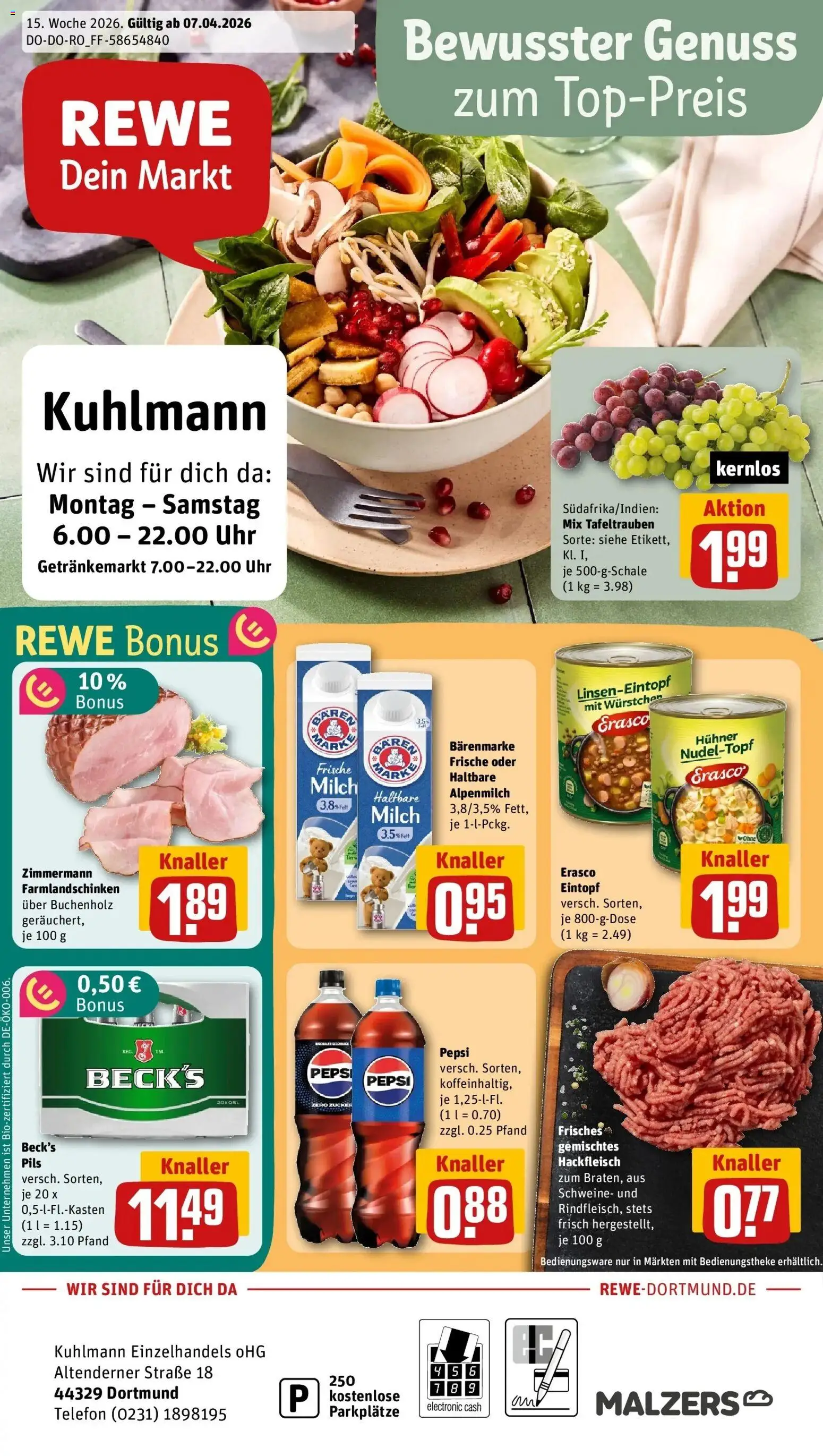 Vorschau von dem Prospekt des Geschäftes Rewe, gültig ab dem 05.04.2026 - Telefon, Milch, Hackfleisch, Zucker, Pepsi, Haltbare milch, Pils, Erasco