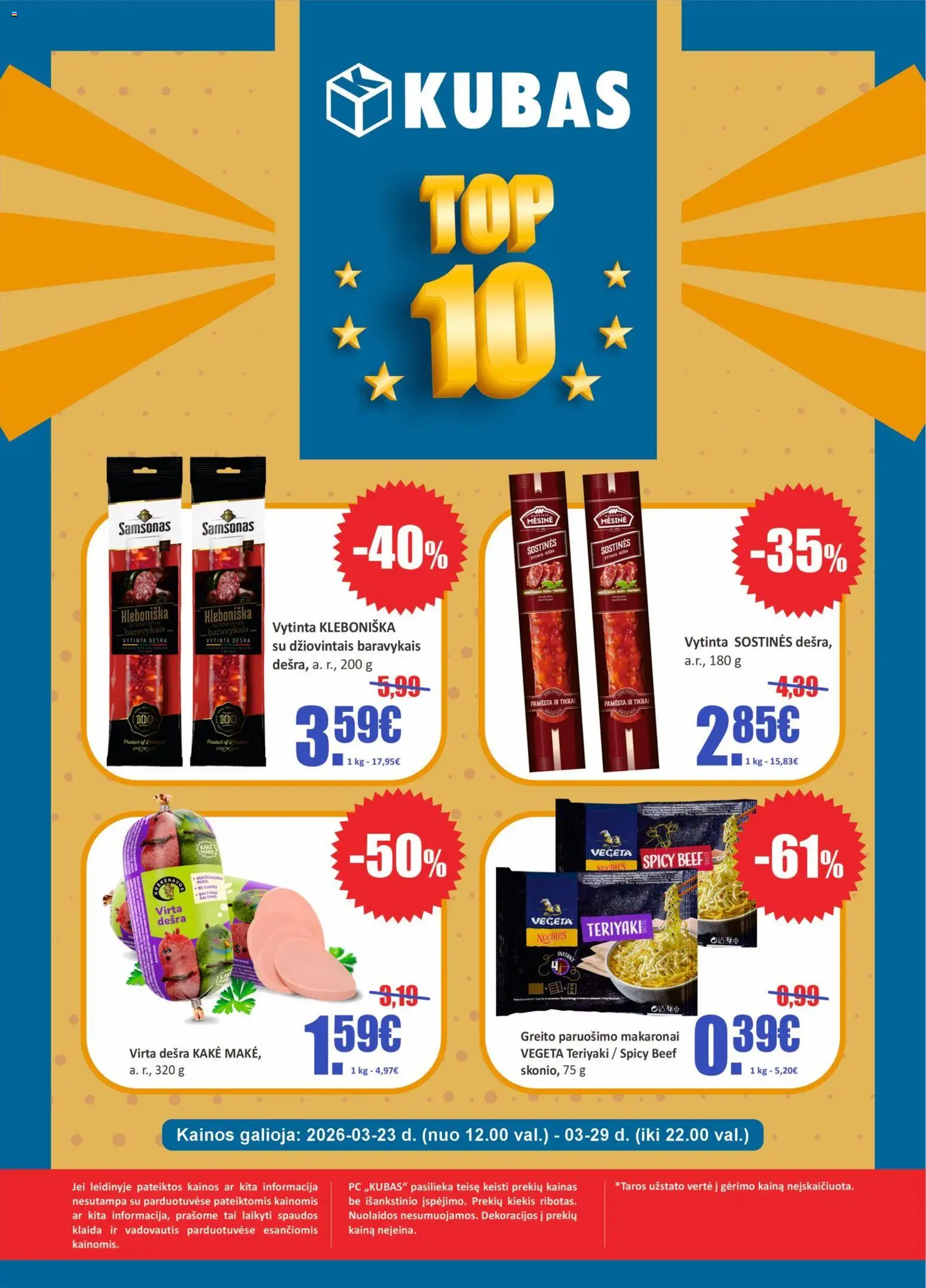 Kubas parduotuvės leidinio Kubas leidinys - Top 10 galiojančio nuo 2026.03.23 peržiūra - Makaronai, Dešra