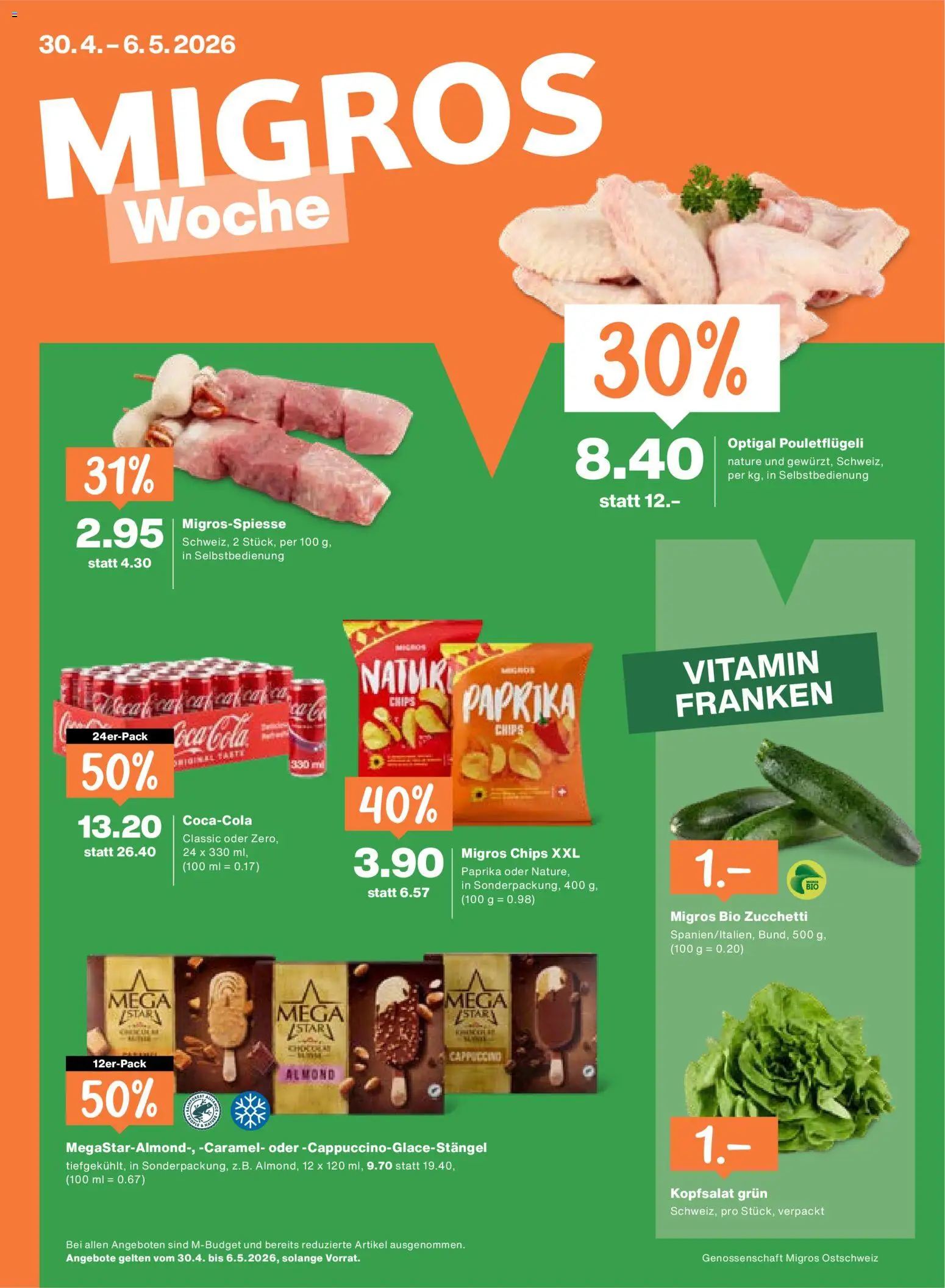 Vorschau des Merkblatts Migros aktionen vom Shop Migros gültig von 30.04.2026 bis 06.05.2026 - Coca Cola, Paprika, Cappuccino, Chips, Zucchini