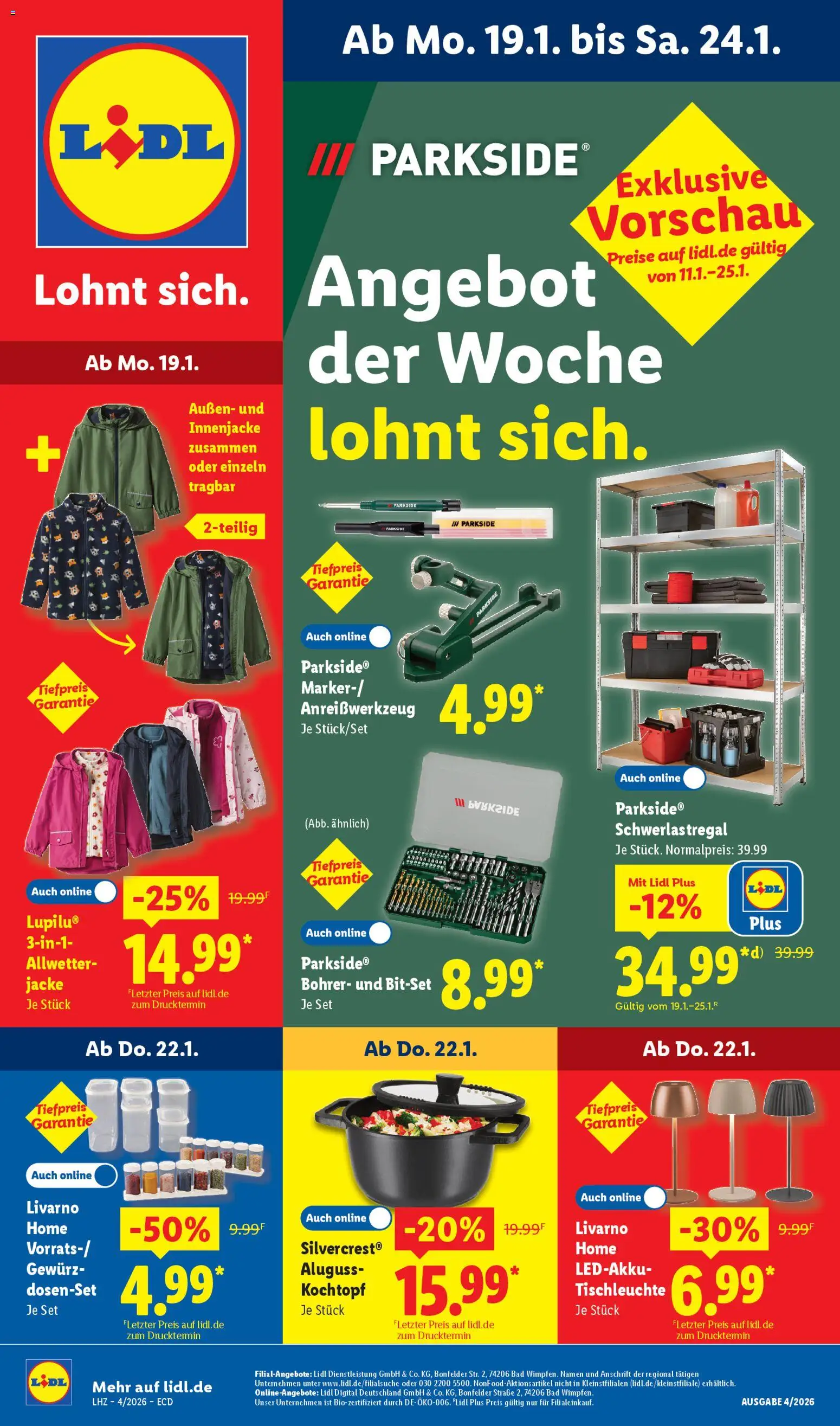 Vorschau von dem Prospekt des Geschäftes Lidl, gültig ab dem 19.01.2026 - Bad, Schwerlastregal, Jacke