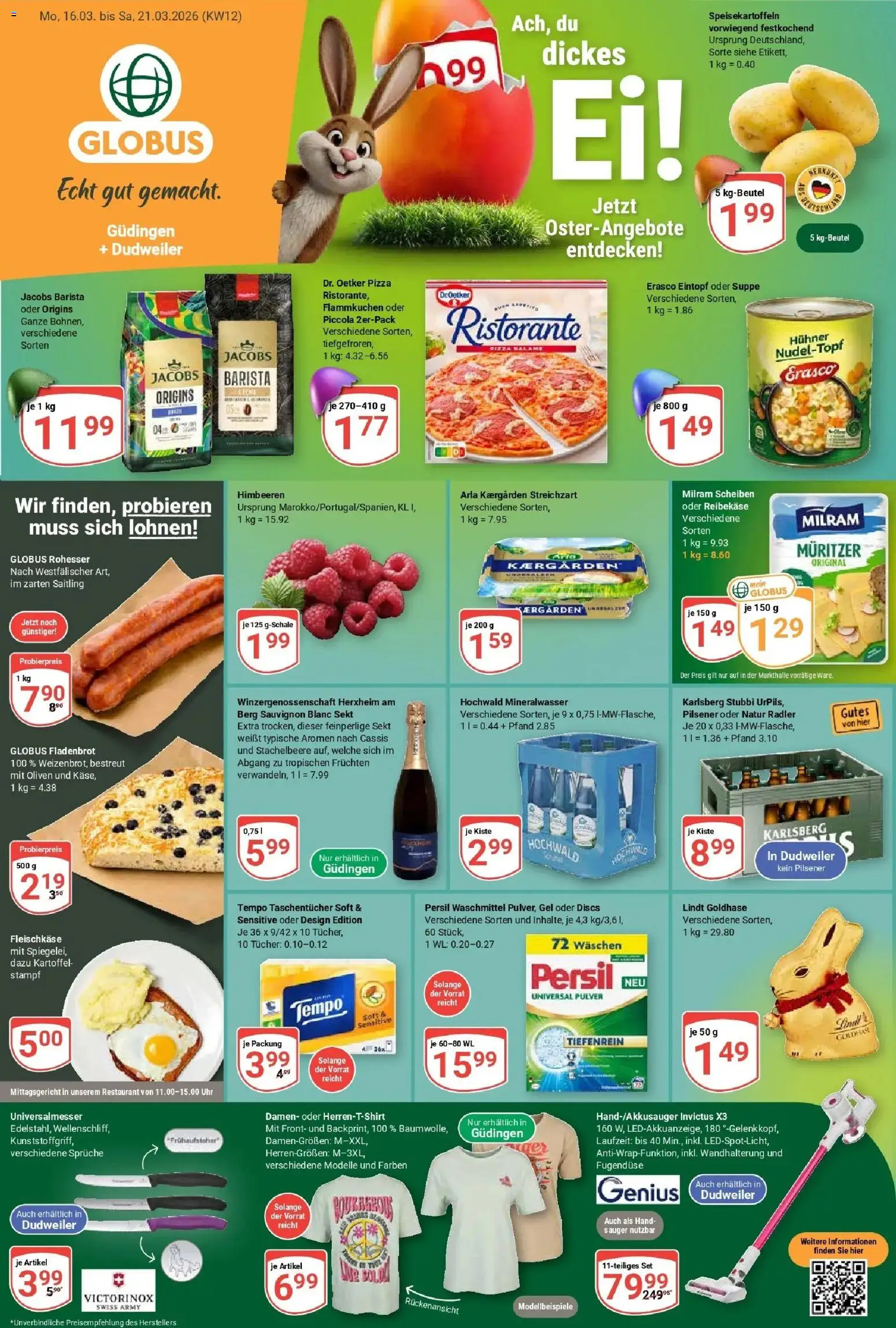 Vorschau von dem Prospekt des Geschäftes Globus, gültig ab dem 15.03.2026 - Pizza, Uhr, Ristorante, Sekt, Waschmittel, Radler, Tempo, Milram
