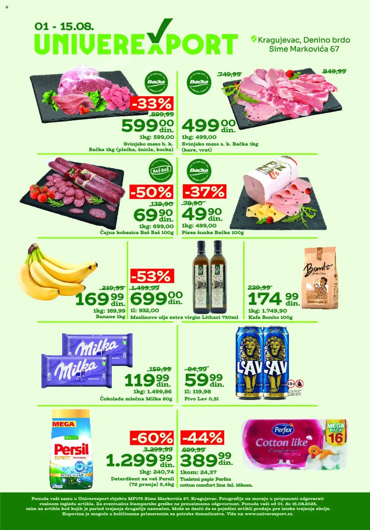 Univerexport katalog važi od 01.08.2025 - stranica 1 - Kafa, Maslinovo ulje, Pivo, Milka, Ulje, Banane, Persil, Kobasica