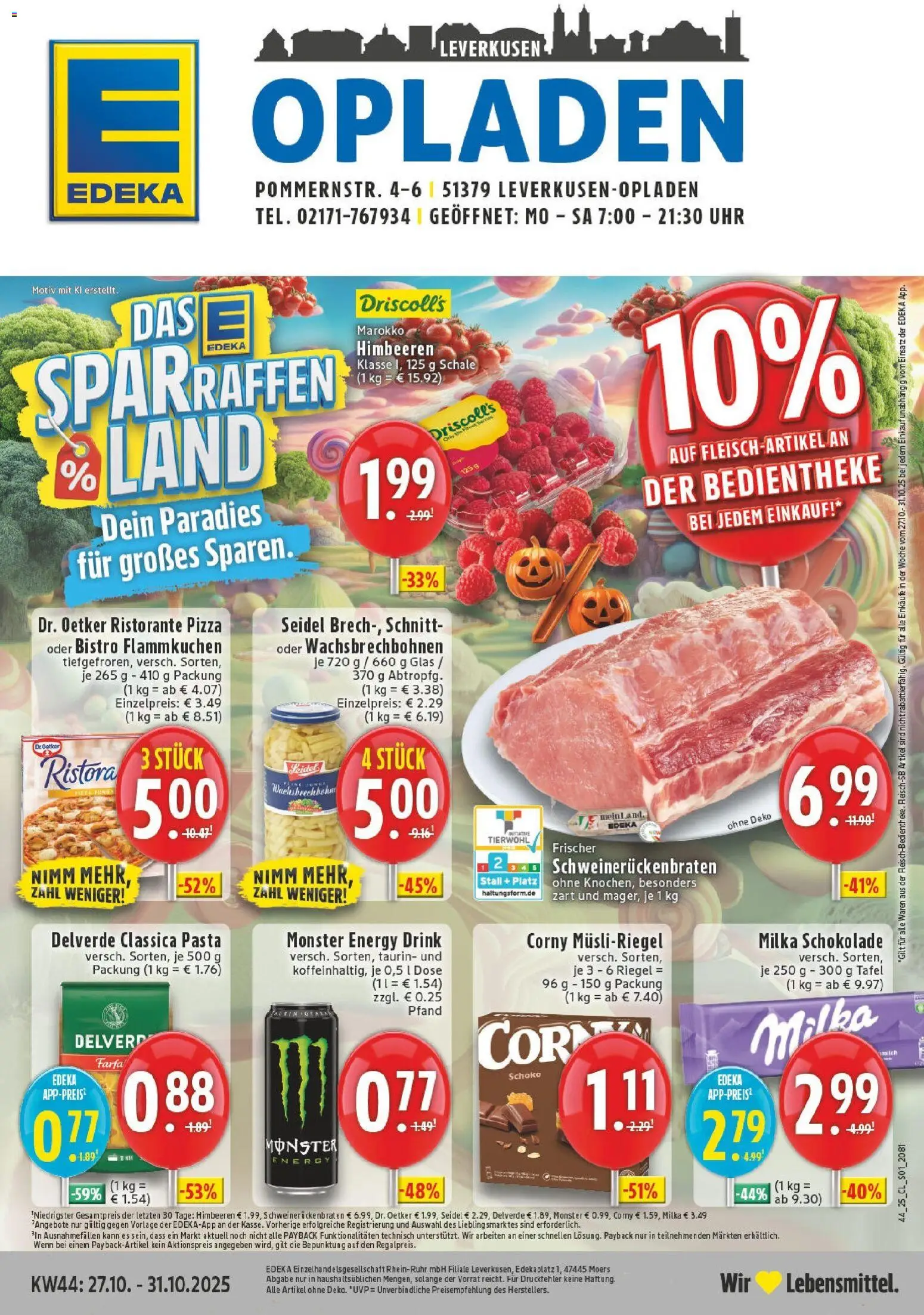 Vorschau von dem Prospekt des Geschäftes Edeka, gültig ab dem 26.10.2025 - Uhr, Schokolade, Monster, Himbeeren, Milka schokolade, Milka, Ristorante, Energy