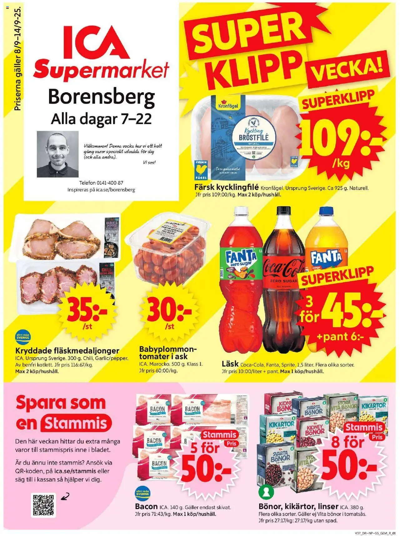 Borensberg är giltig 08/09 2025 > Veckans Erbjudanden gäller från 08/09/2025 till 14/09/2025 sidnummer 1 - Telefon, Linser, Kycklingfile, Galler, Fanta, Bönor, Tomater, Kyckling