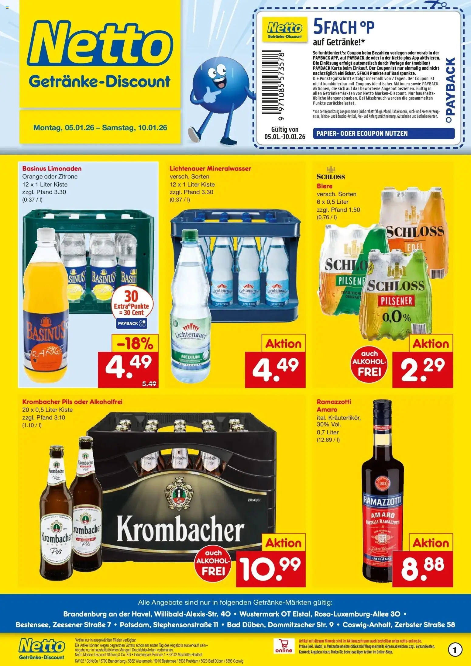 Vorschau von dem Prospekt des Geschäftes Netto Marken-Discount, gültig ab dem 05.01.2026 - Bad, Mineralwasser, Alkohol, Krombacher, Ramazzotti, Zitrone, Pils