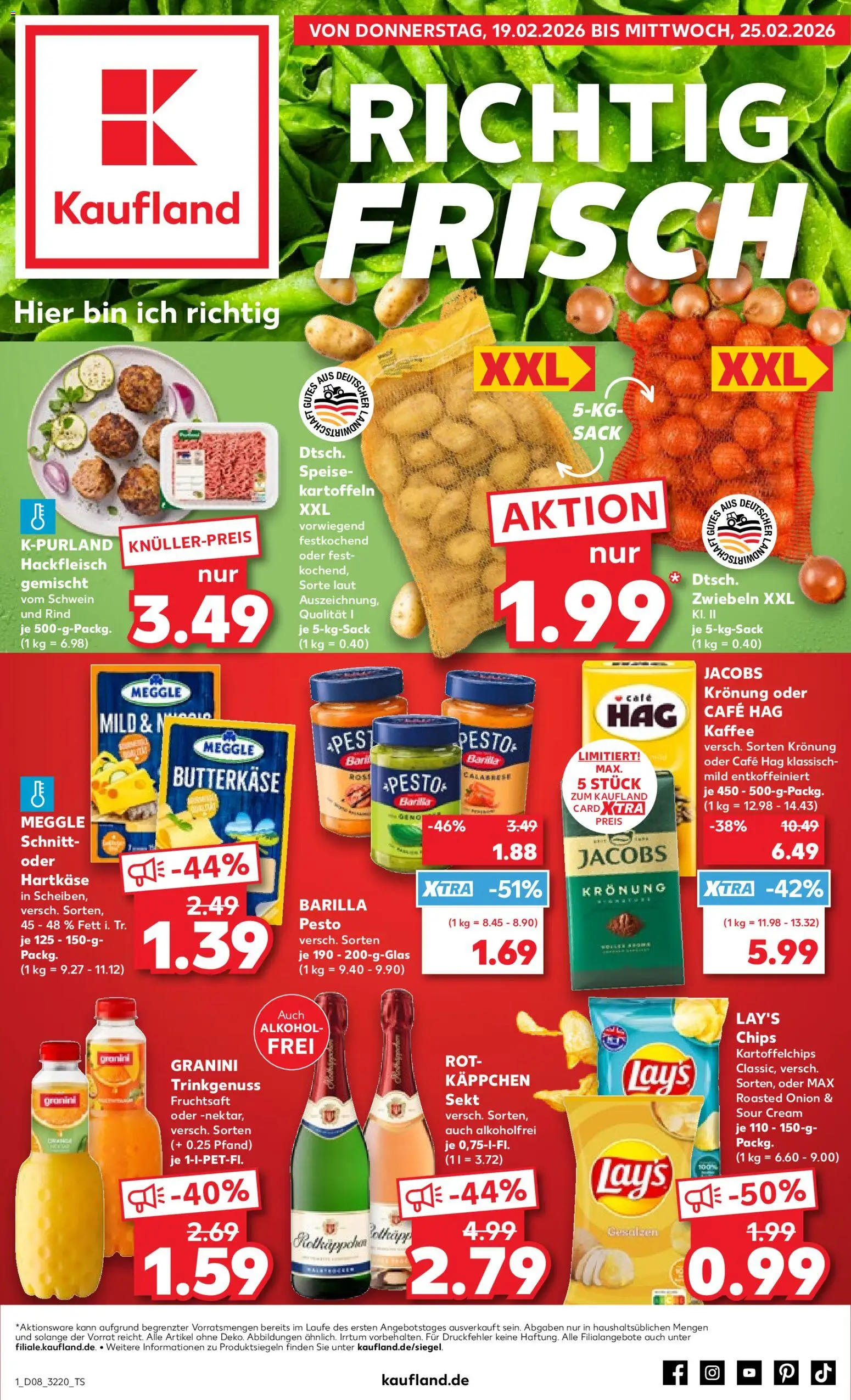 Vorschau von dem Prospekt des Geschäftes Kaufland, gültig ab dem 19.02.2026 - Kaffee, Chips, Alkohol, Barilla, Kartoffeln, Barilla pesto, Zwiebeln, Fruchtsaft