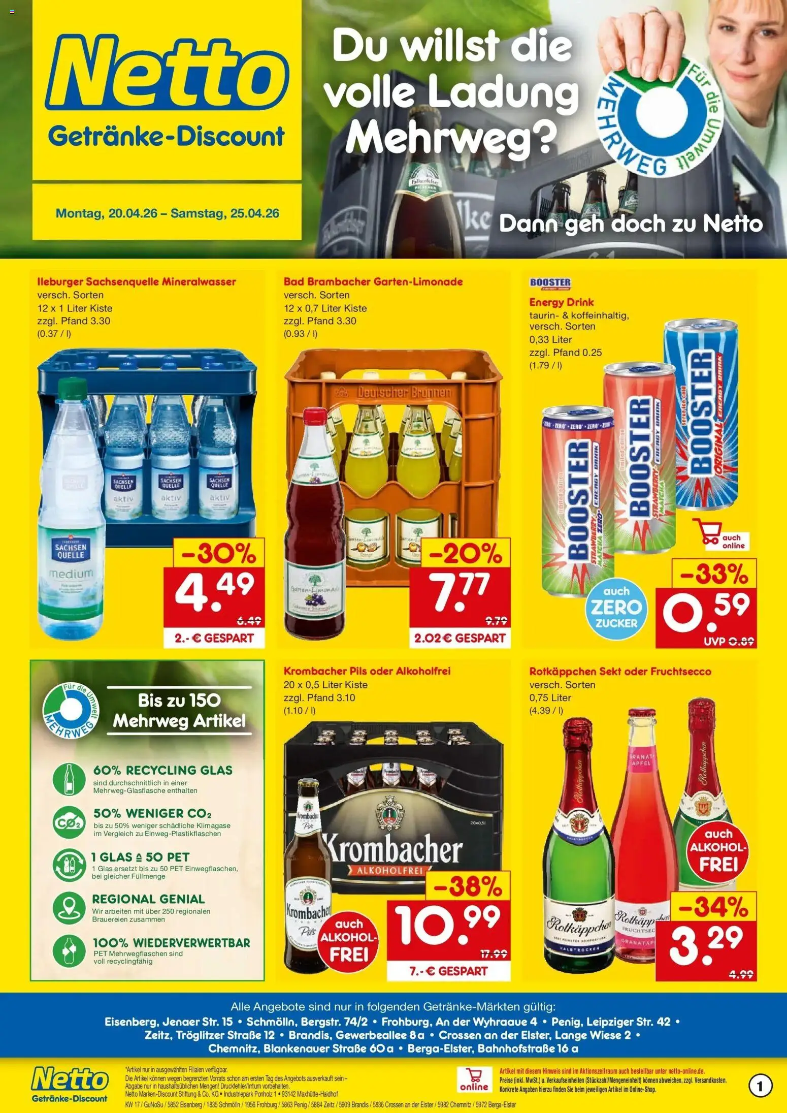 Vorschau von dem Prospekt des Geschäftes Netto Marken-Discount, gültig ab dem 20.04.2026 - Äpfel, Mineralwasser, Krombacher, Zucker, Energy, Sekt, Fruchtsecco, Rotkappchen sekt