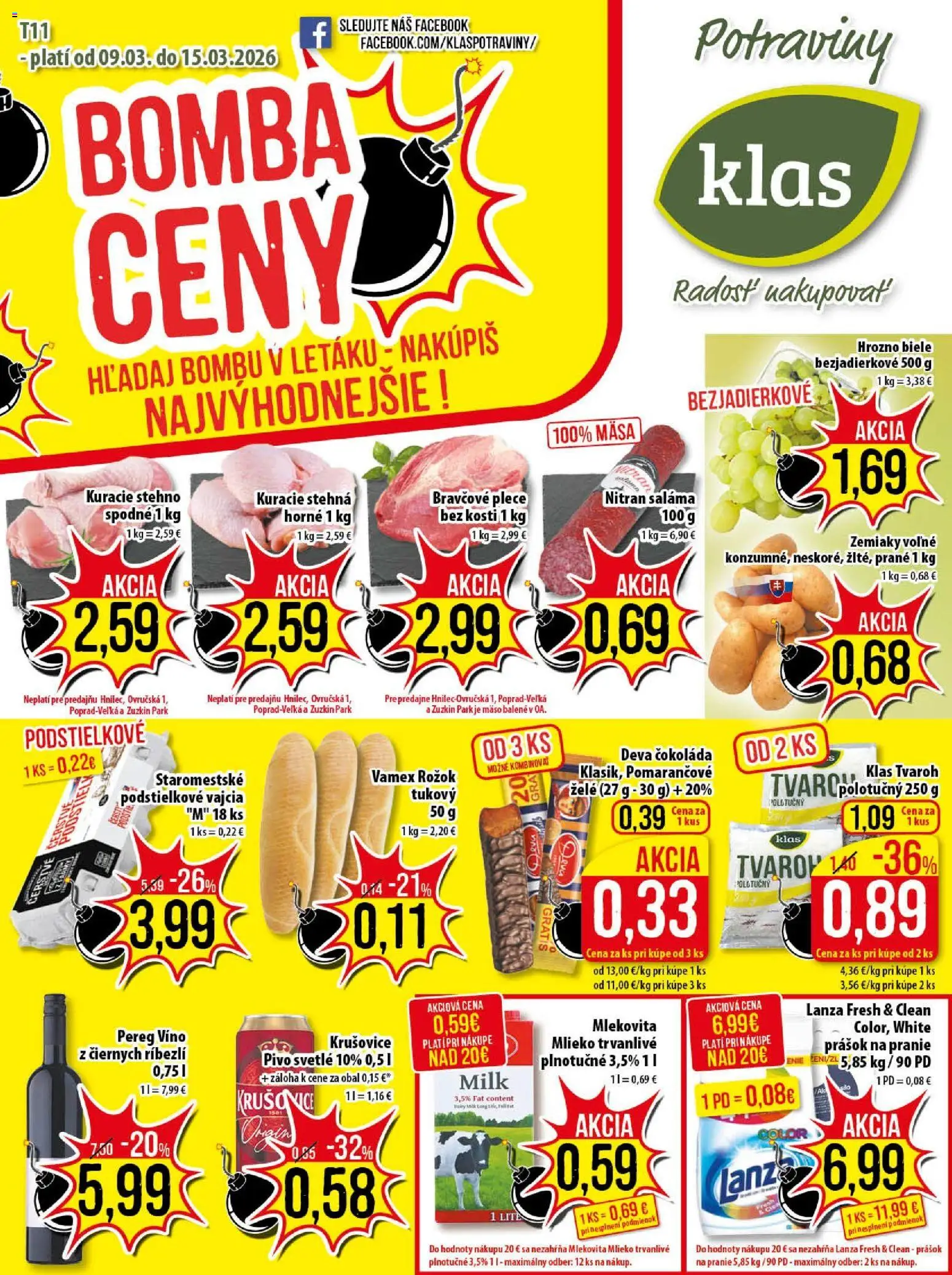 Náhľad Klas letáku platného od 09.03.2026 - Pivo, Kuracie stehná, Tvaroh, Mlieko, Vajcia, Zemiaky, Krušovice, Bravčové plece