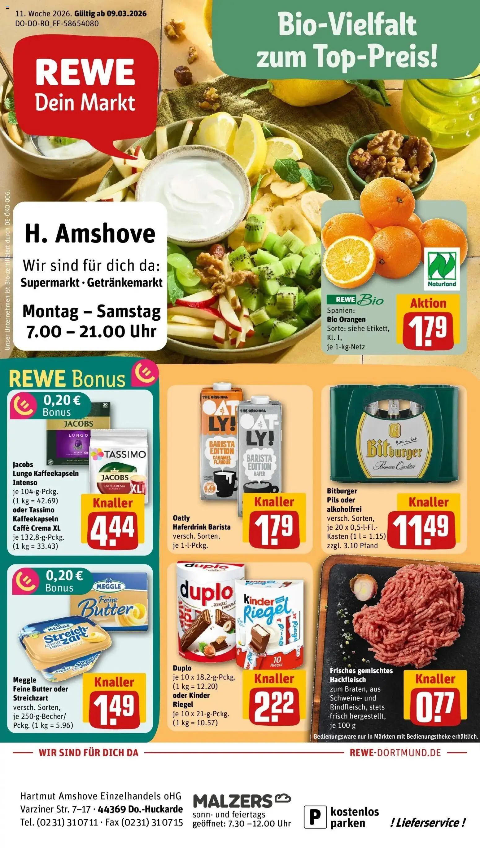 Vorschau von dem Prospekt des Geschäftes Rewe, gültig ab dem 09.03.2026 - Uhr, Butter, Tassimo, Hackfleisch, Rapsöl, Haferdrink, Duplo riegel, Kinder riegel