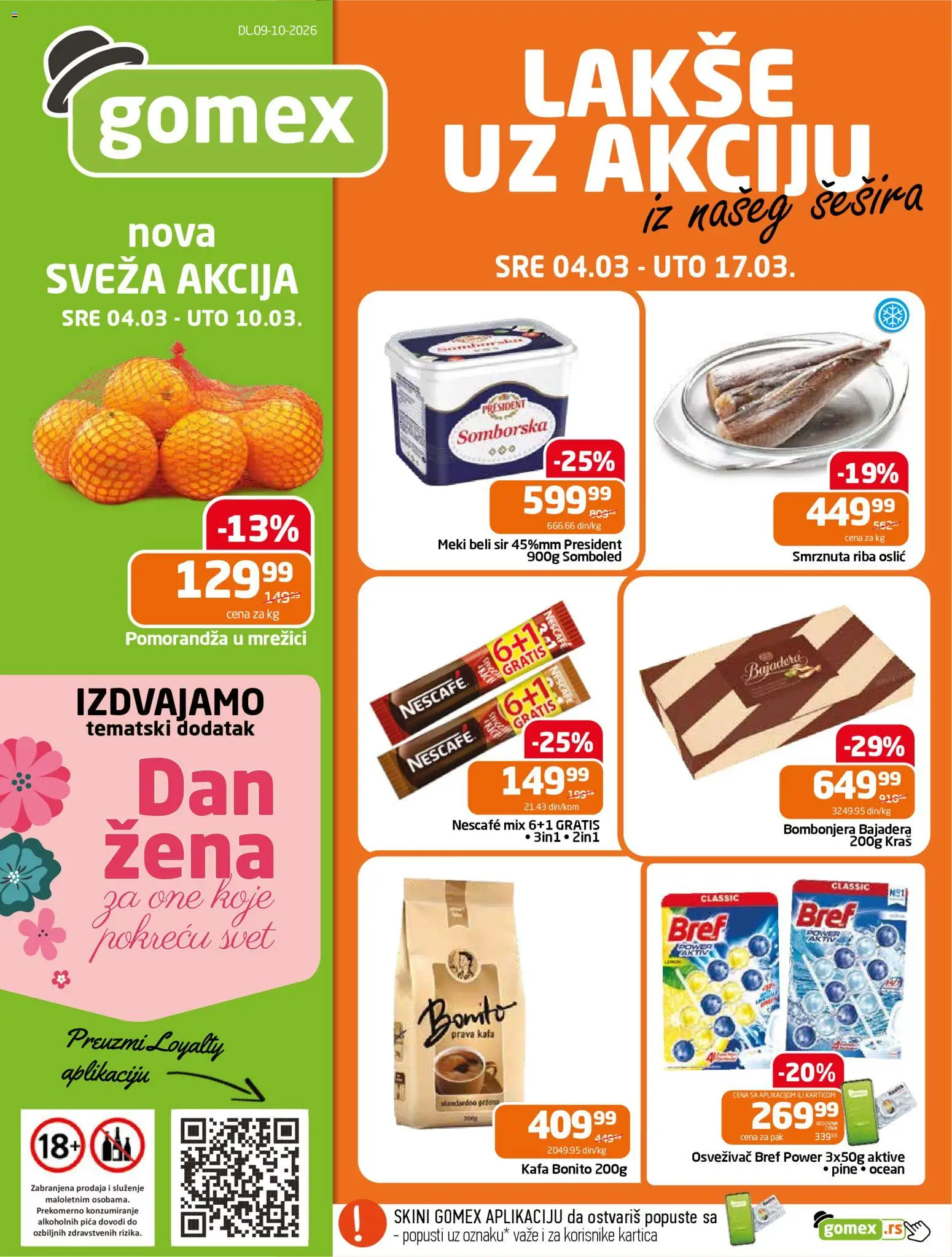 Pregled Gomex kataloga - važi od 04.03.2026 - Kafa, Nescafé, Riba, Oslić, Bombonjera, Sir, Pomorandza, Bref