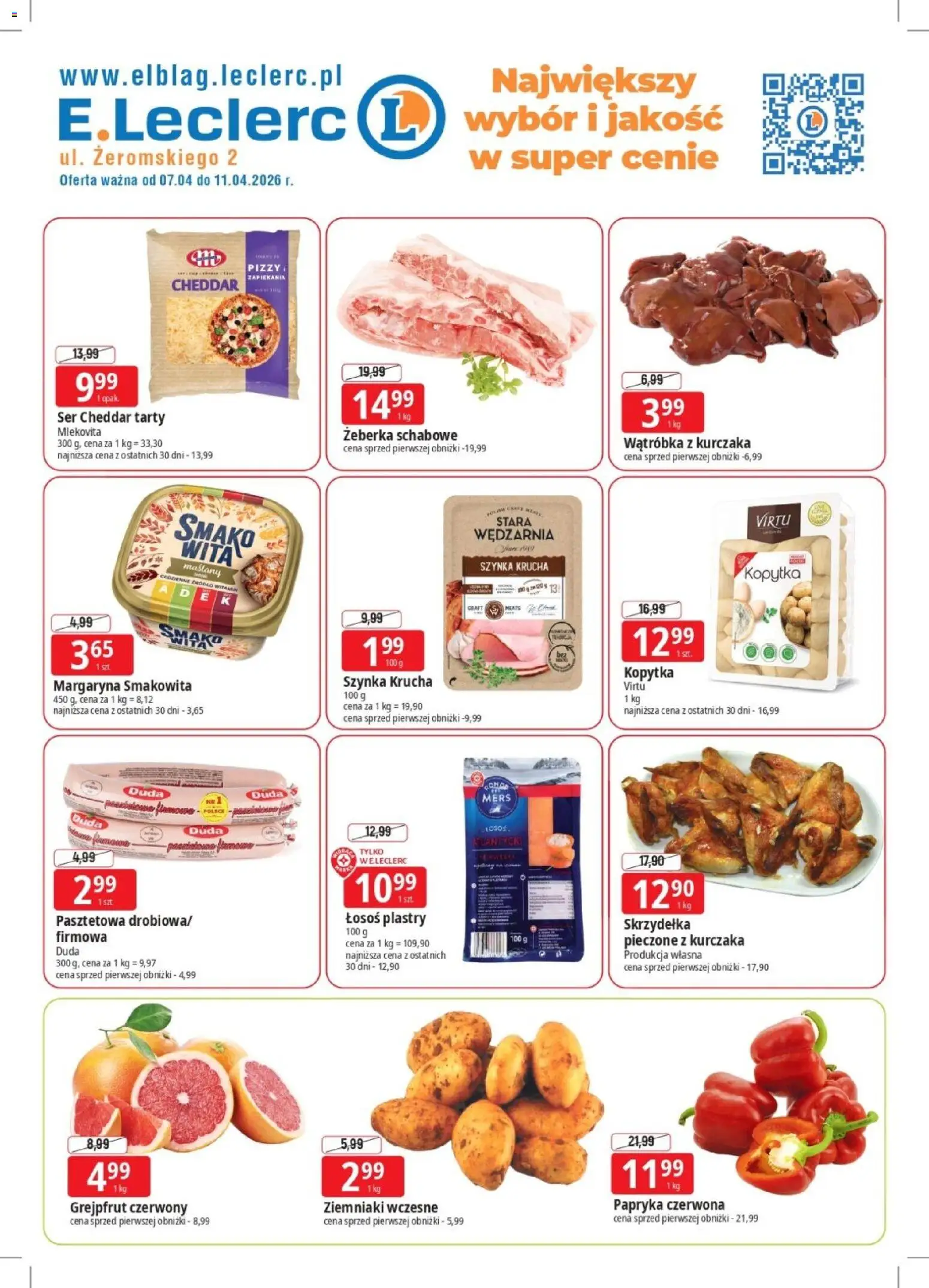 Pogląd gazetki "E.Leclerc gazetka - Elbląg" ze sklepu E.Leclerc ważnej od 07.04.2026 - Kopytka, Ziemniaki, Ser, Żeberka, Łosoś, Ser cheddar, Margaryna, Skrzydełka