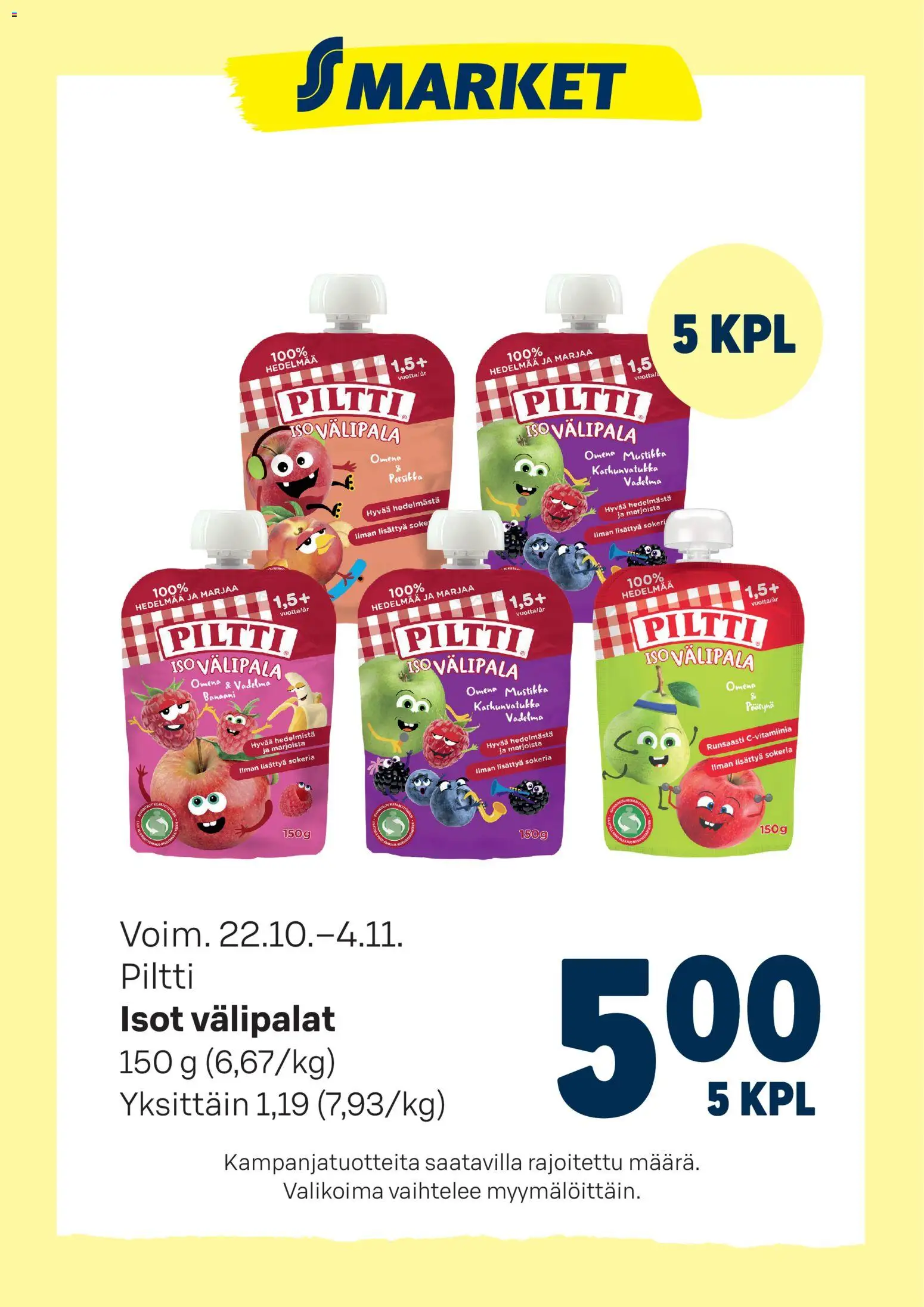 S-market-kaupan Tarjoukset Piltti voimassa 22/10/2025 - Sivulla 1 - Mustikka, Persikka, Vadelma