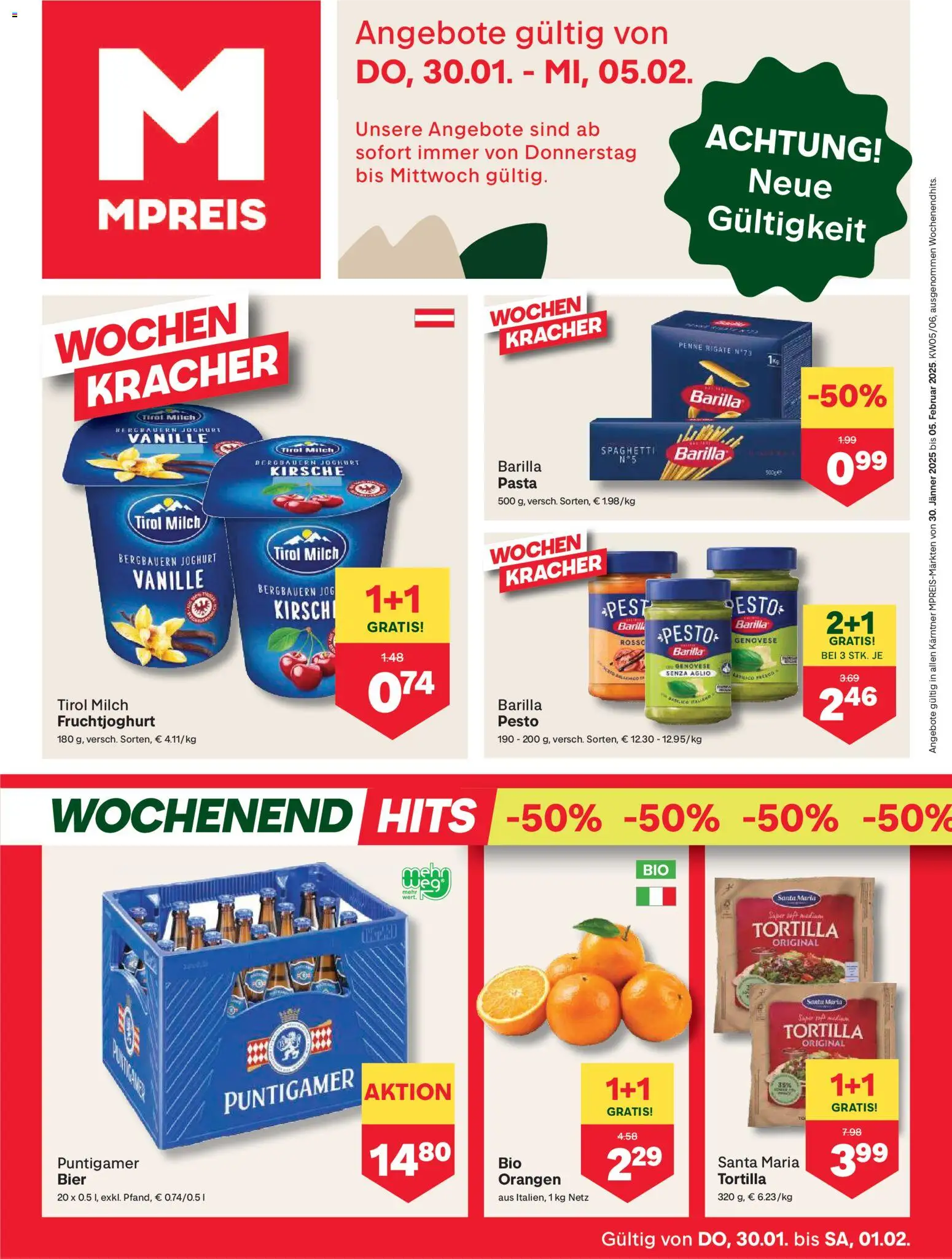 Vorschau der Angebote: MPREIS Dellach im Drautal gültig ab 30.01.2026 - Pasta, Bier, Spaghetti, Milch, Joghurt, Barilla, Vanille, Orangen