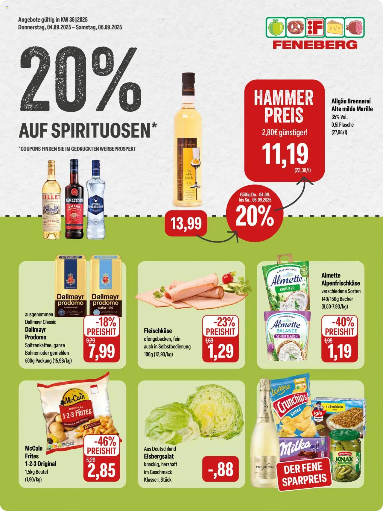 Feneberg Angebote (vom 04.09.2025 - 06.09.2025) - Lillet, Ramazzotti, Dallmayr, Wodka, Eisbergsalat, Iglo, Freixenet, McCain