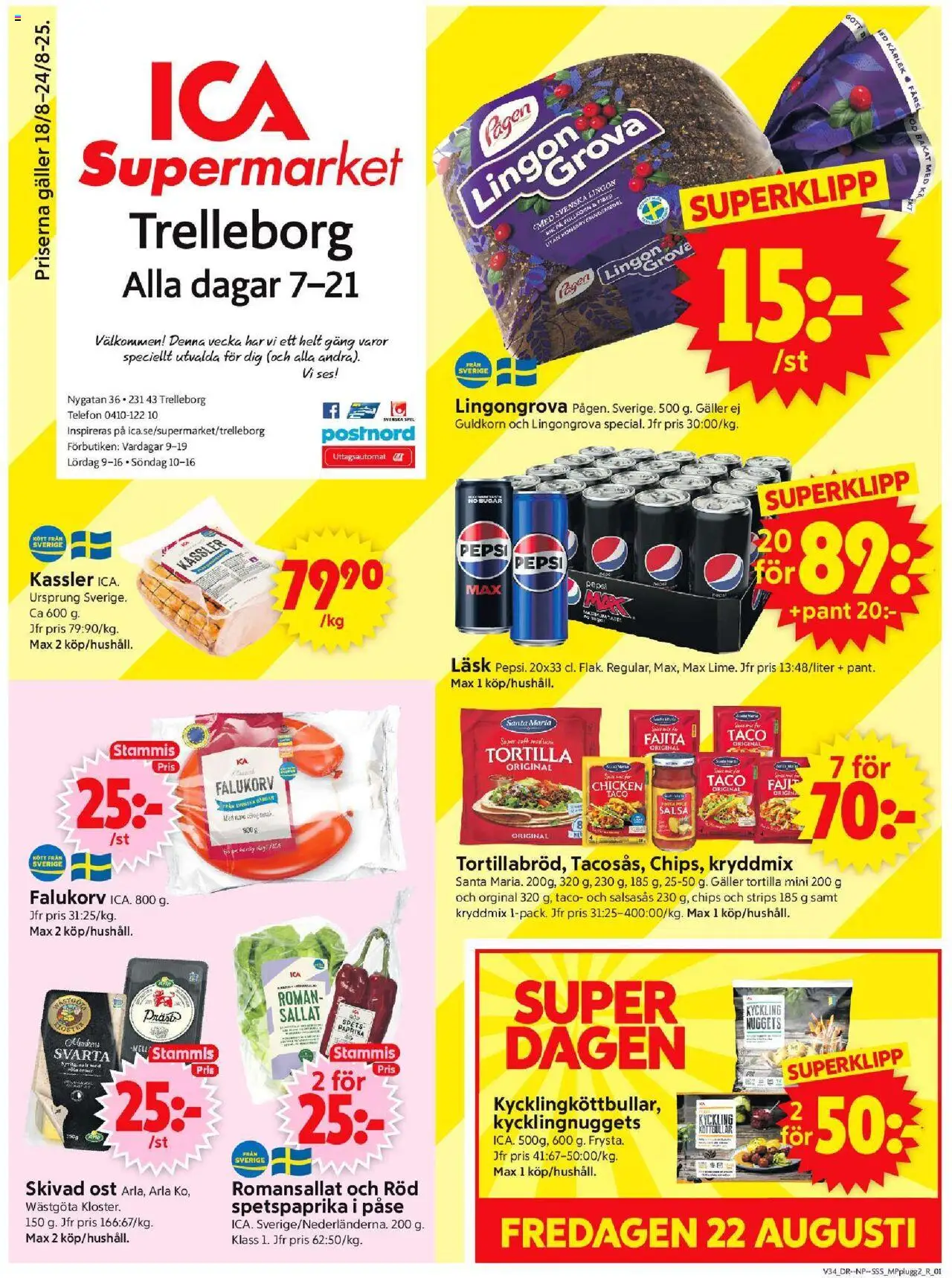 Trelleborg är giltig 18/08 2025 > Veckans Erbjudanden gäller från 18/08/2025 till 24/08/2025 sidnummer 1 - Telefon, Falukorv, Ost, Pepsi, Paprika, Salsa, Skivad ost, Kyckling