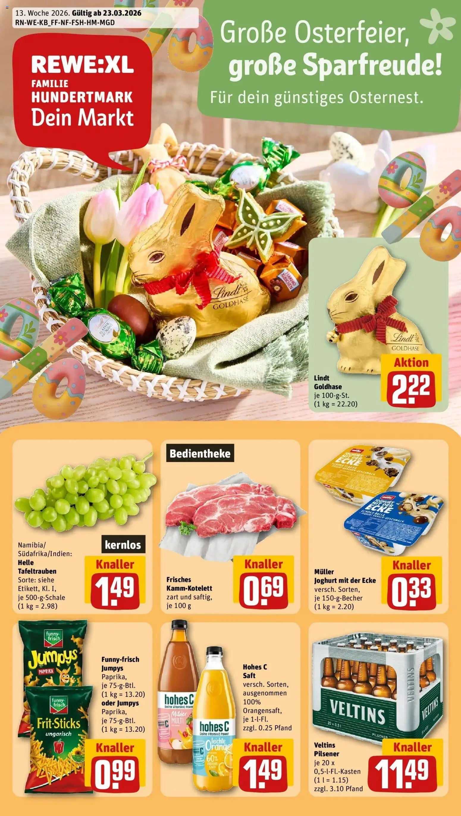 Vorschau von dem Prospekt des Geschäftes Rewe, gültig ab dem 23.03.2026 - Chips, Lindt, Joghurt, Paprika, Veltins, Funny frisch, Saft, Hohes c