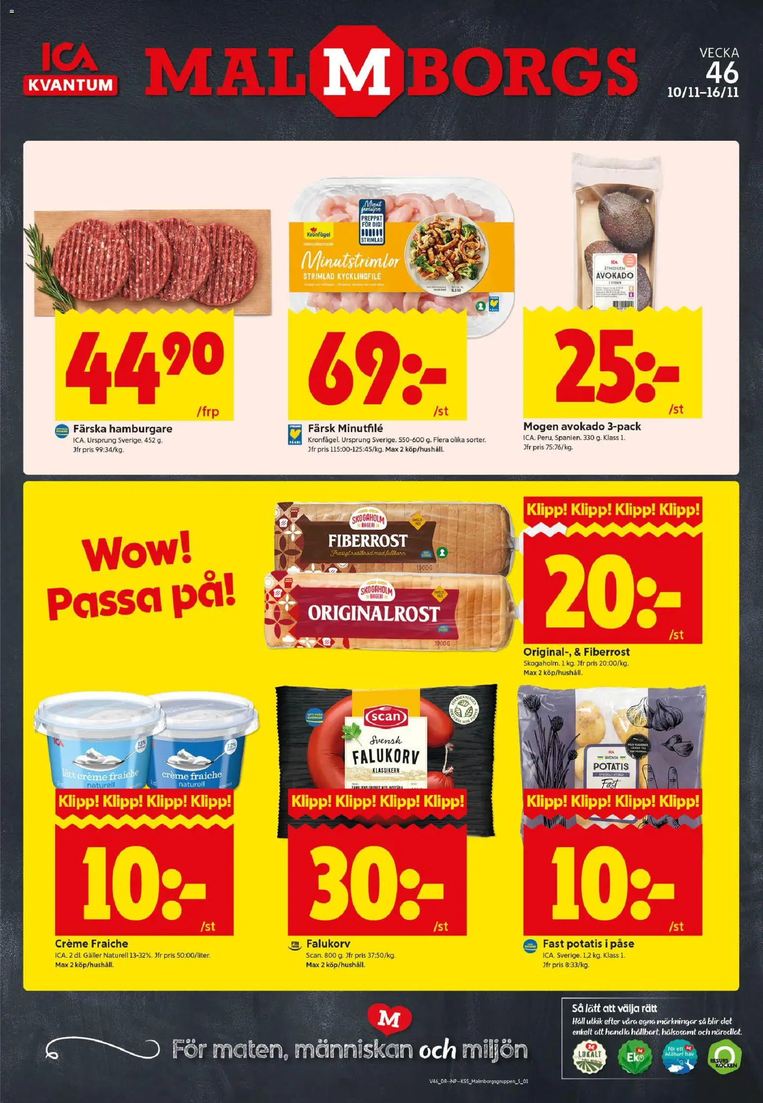 Förhandsgranska reklamblad Malmö från butik ICA Kvantum gäller från 10/11/2025 - Bageri, Hamburgare, Creme fraiche, Falukorv, Potatis, Avokado, Kycklingfile, Galler