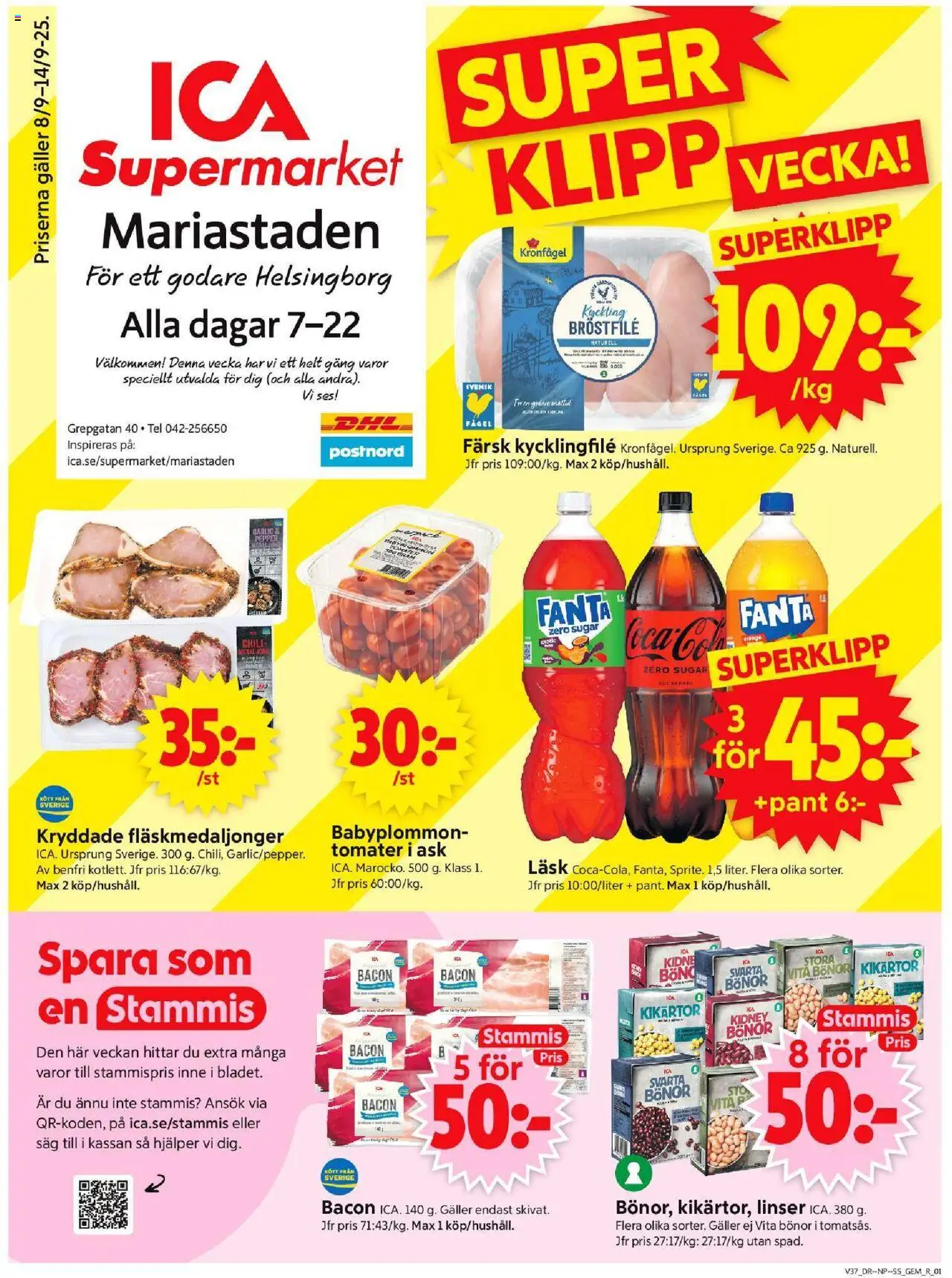 Helsingborg är giltig 08/09 2025 > Veckans Erbjudanden gäller från 08/09/2025 till 14/09/2025 sidnummer 1 - Linser, Bacon, Fanta, Såg, Bönor, Tomater, Svarta bönor, Kyckling