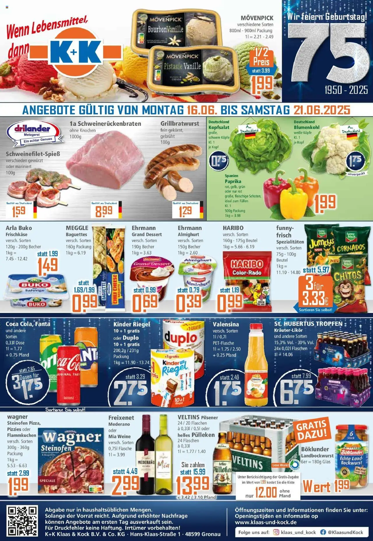 Klaas & Kock K+K: Wochenangebote (vom 16.06.2025 - 21.06.2025) - Pizza, Haribo, Blumenkohl, Chili, Vanille, Valensina, Freixenet mederano, Kinder riegel
