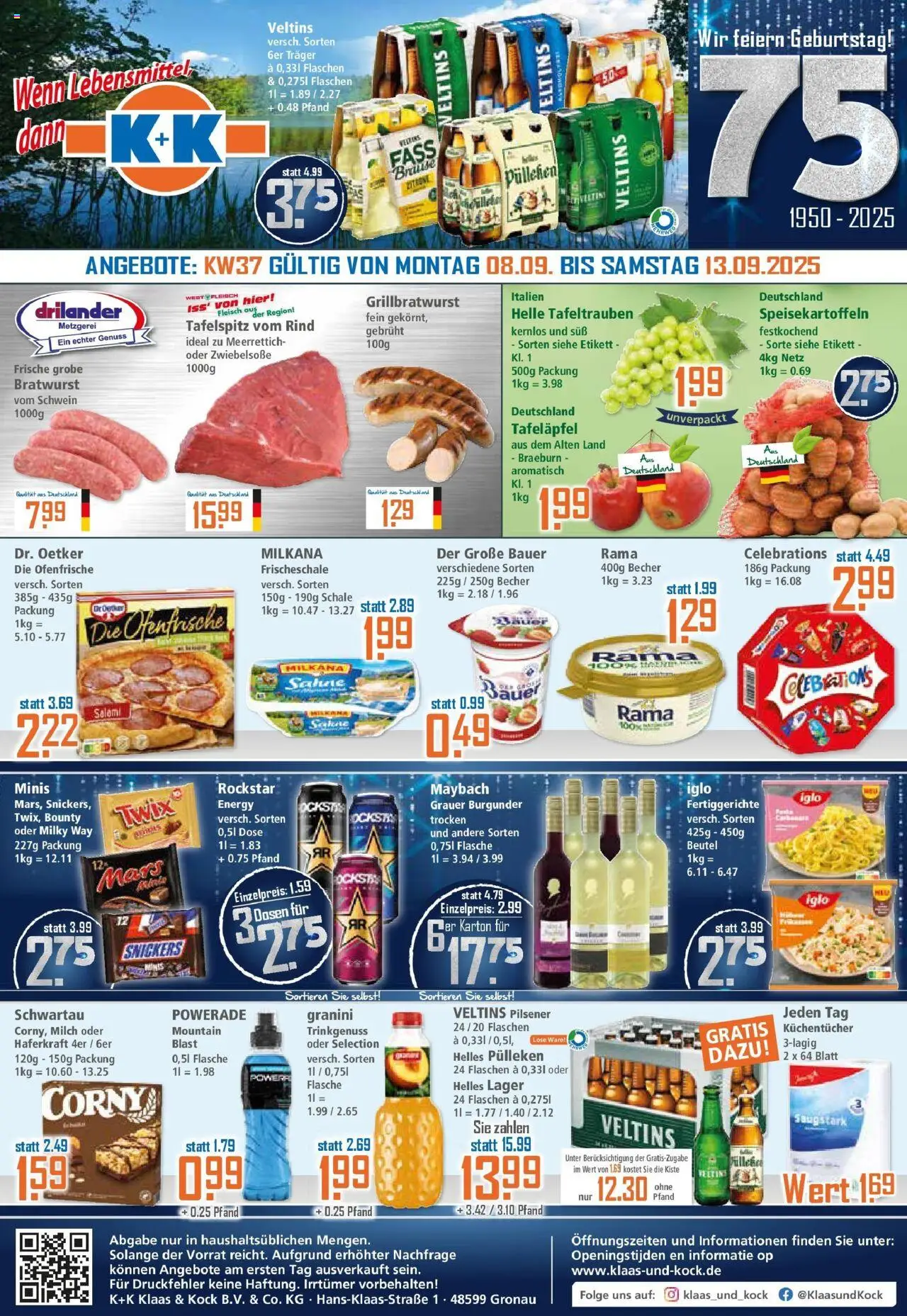 Vorschau von dem Prospekt des Geschäftes Klaas & Kock, gültig ab dem 07.09.2025 - Bratwurst, Tafelspitz, Fleisch, Snickers, Energy, Twix, Fertiggerichte, Ofenfrische