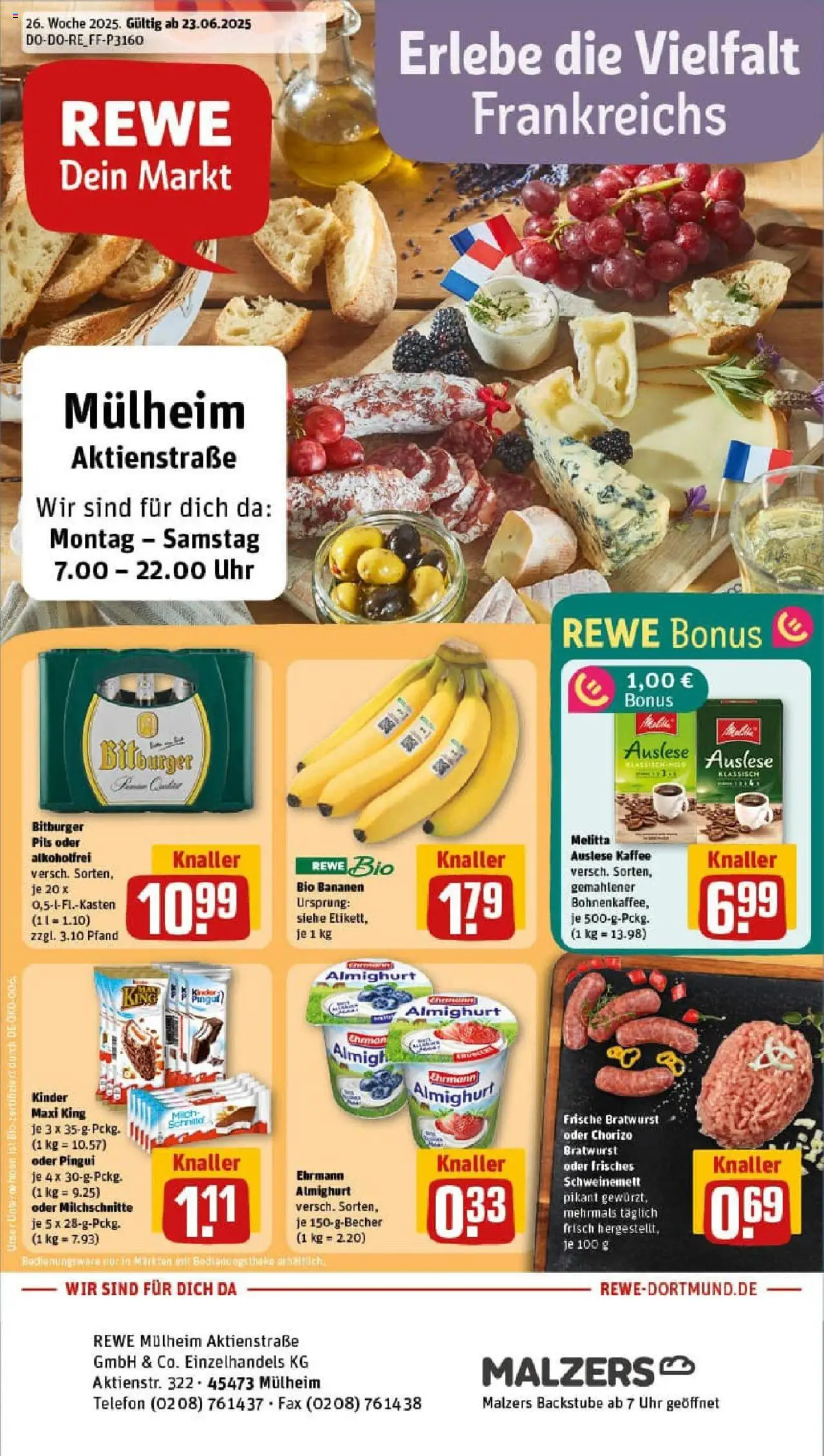 REWE Prospekt ab 22.06.2025 nächste Woche - Prospekt Mülheim An Der Ruhr - Kaffee, Uhr, Telefon, Bratwurst, Bananen, Bitburger, Theke, Ehrmann almighurt