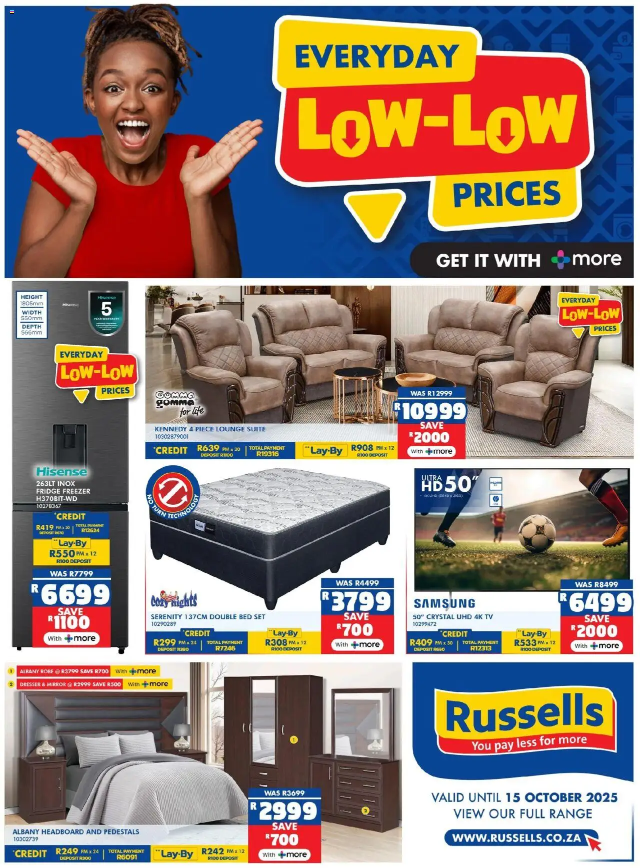 Preview of Russells flyer valid from 18/09/2025 - Headboard, Fridge, Bed, TV, Mirror, Double bed, Lounge suite, Freezer