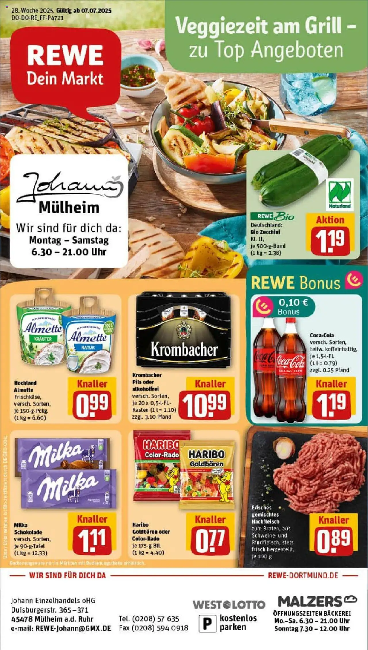 REWE Prospekt ab 06.07.2025 nächste Woche - Prospekt Mülheim An Der Ruhr - Haribo, Zucchini, Cola, Top, Krombacher, Theke, Pils, Almette
