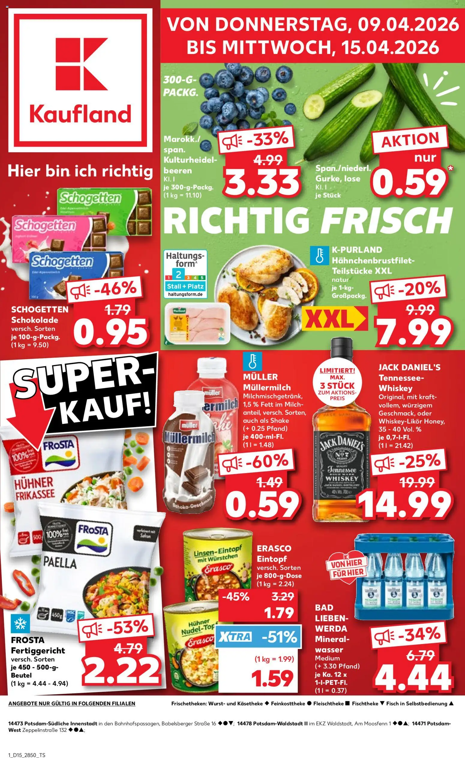Vorschau von dem Prospekt des Geschäftes Kaufland, gültig ab dem 09.04.2026 - Wasser, Wurst, Bad, Mineralwasser, Whiskey, Müllermilch, Schogetten, Jack Daniel's