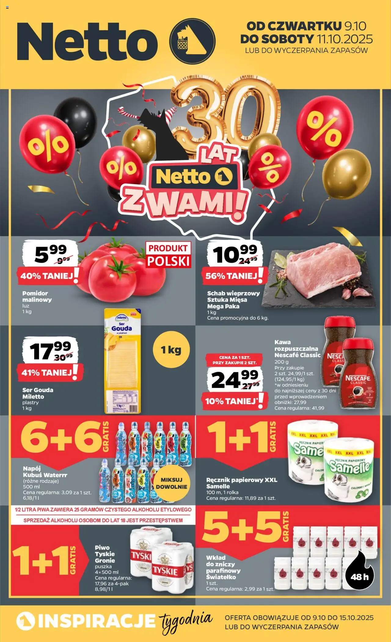 NETTO Gazetka spożywcza od 09.10.2025 - Nowa ulotka (PFD) - Numer strony 1 - Kawa, Ser, Kawa rozpuszczalna, Tyskie, Nescafe, Ser gouda, Piwo tyskie, Puszka tyskie