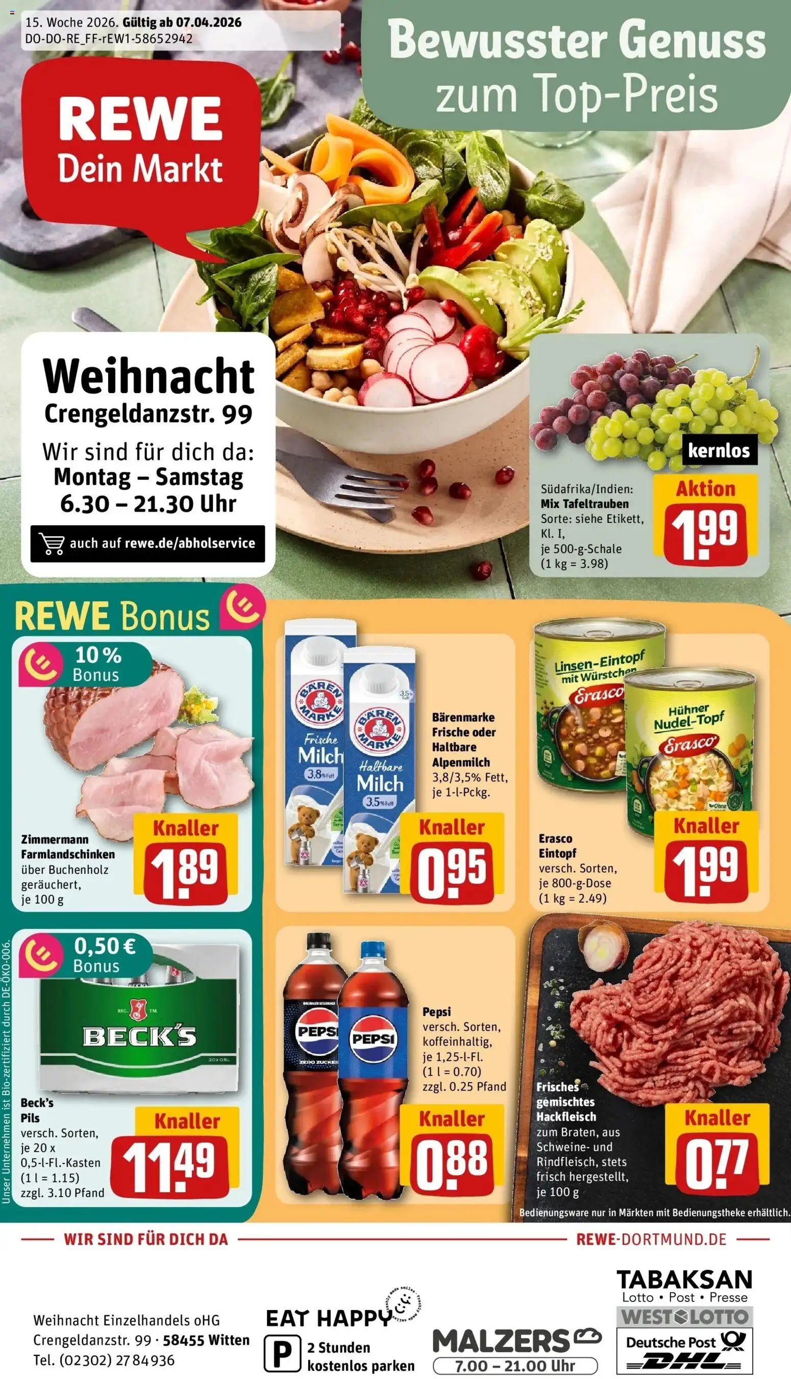 Vorschau von dem Prospekt des Geschäftes Rewe, gültig ab dem 05.04.2026 - Uhr, Milch, Hackfleisch, Zucker, Pepsi, Presse, Pils, Erasco
