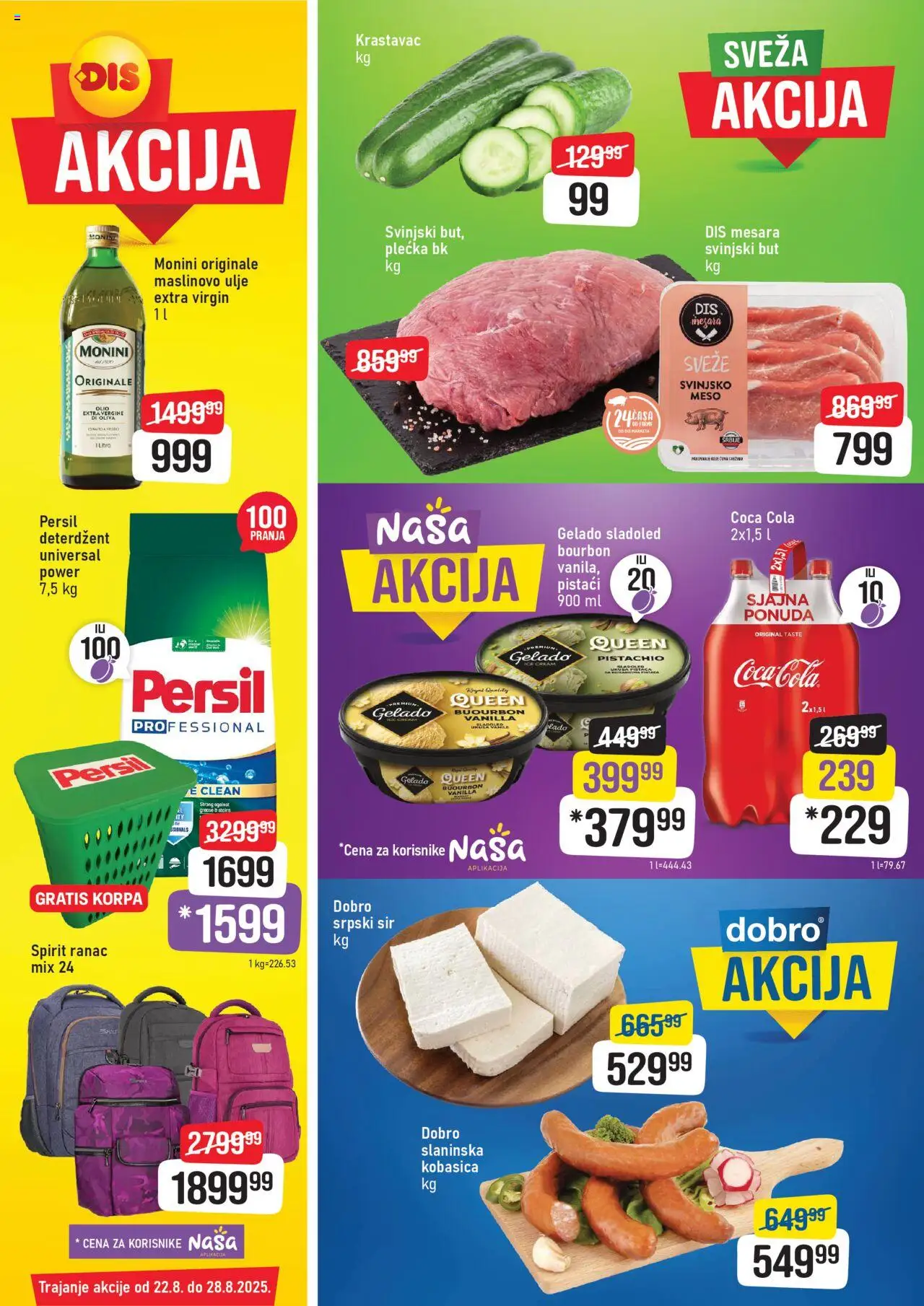DIS katalog važi od 22.08.2025 - stranica 1 - Maslinovo ulje, Korpa, Meso, Ulje, Persil, Kobasica, Deterdžent, Monini