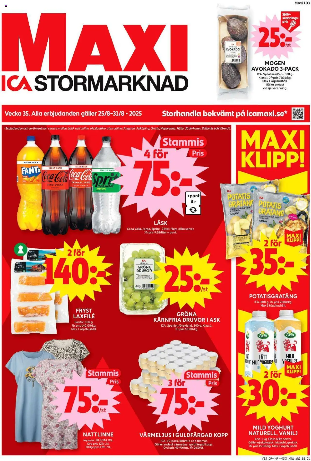 Enköping är giltig 25/08 2025 > Veckans Erbjudanden gäller från 25/08/2025 till 31/08/2025 sidnummer 1 - Potatisgratäng, Coca cola, Yoghurt, Fanta, Värmeljus, Avocado, Vanilj, Laxfilé