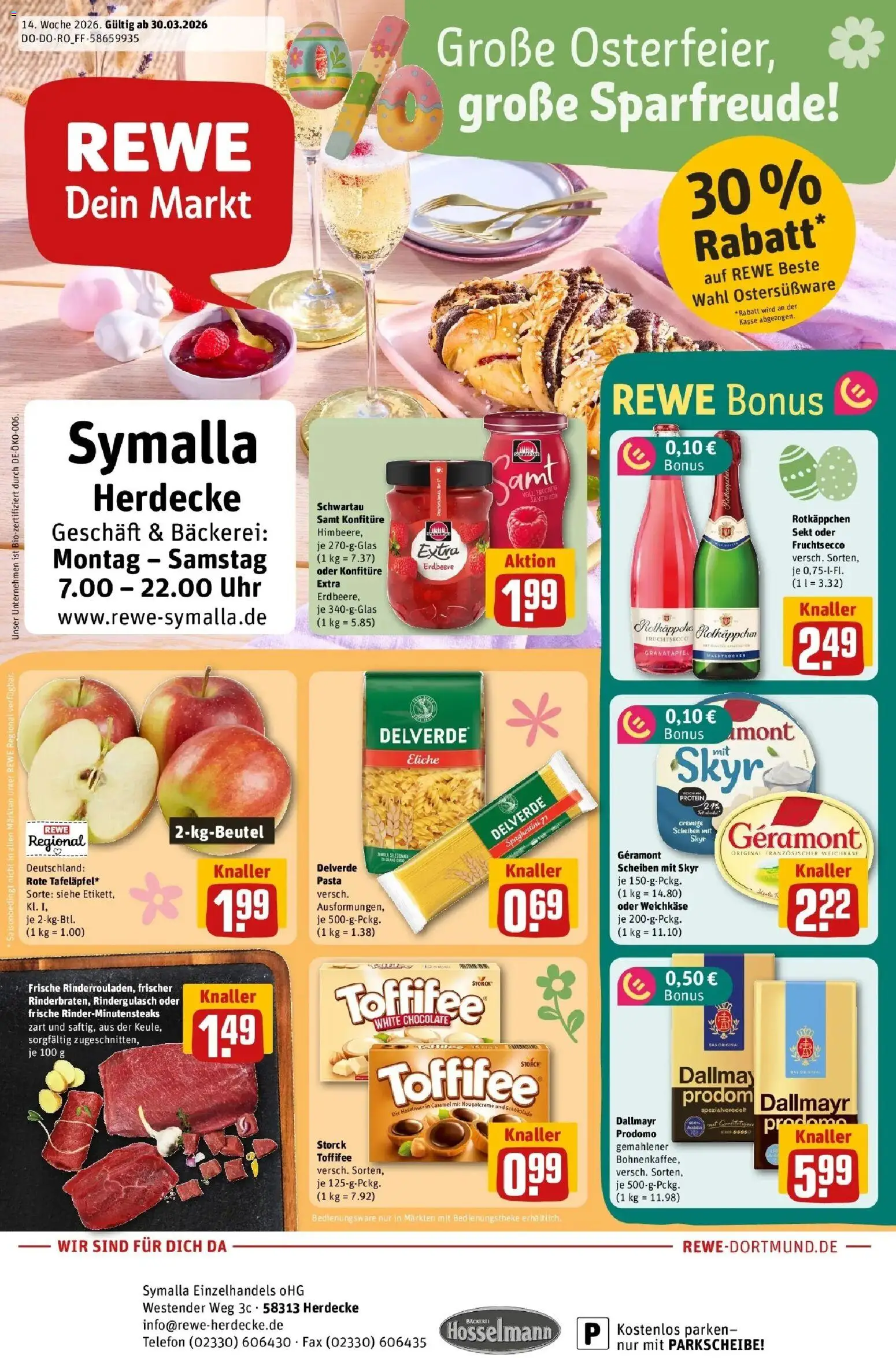Vorschau von dem Prospekt des Geschäftes Rewe, gültig ab dem 30.03.2026 - Telefon, Schokolade, Pasta, Skyr, Dallmayr, Toffifee, Geramont, Rotkappchen sekt