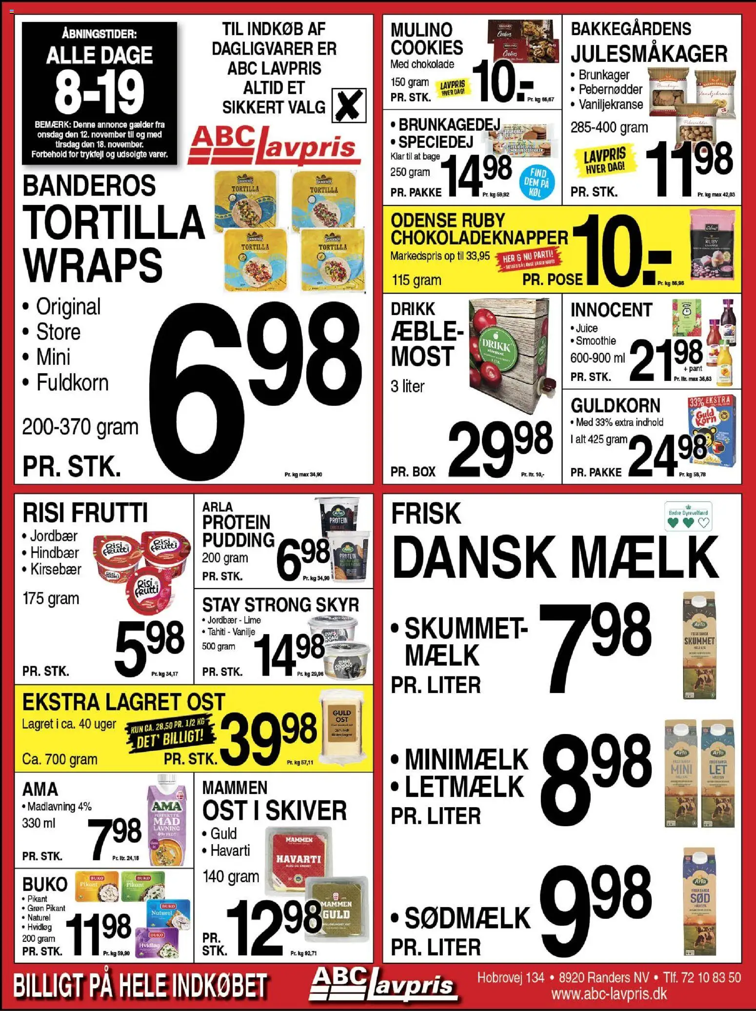 Eksempel på tilbudsavis Randers NV fra butik Abc Lavpris gyldig fra 12/11/2025 - Chokolade, Ost, Smoothie, Brunkager, Juice, Mælk, Lime, Kirsebær