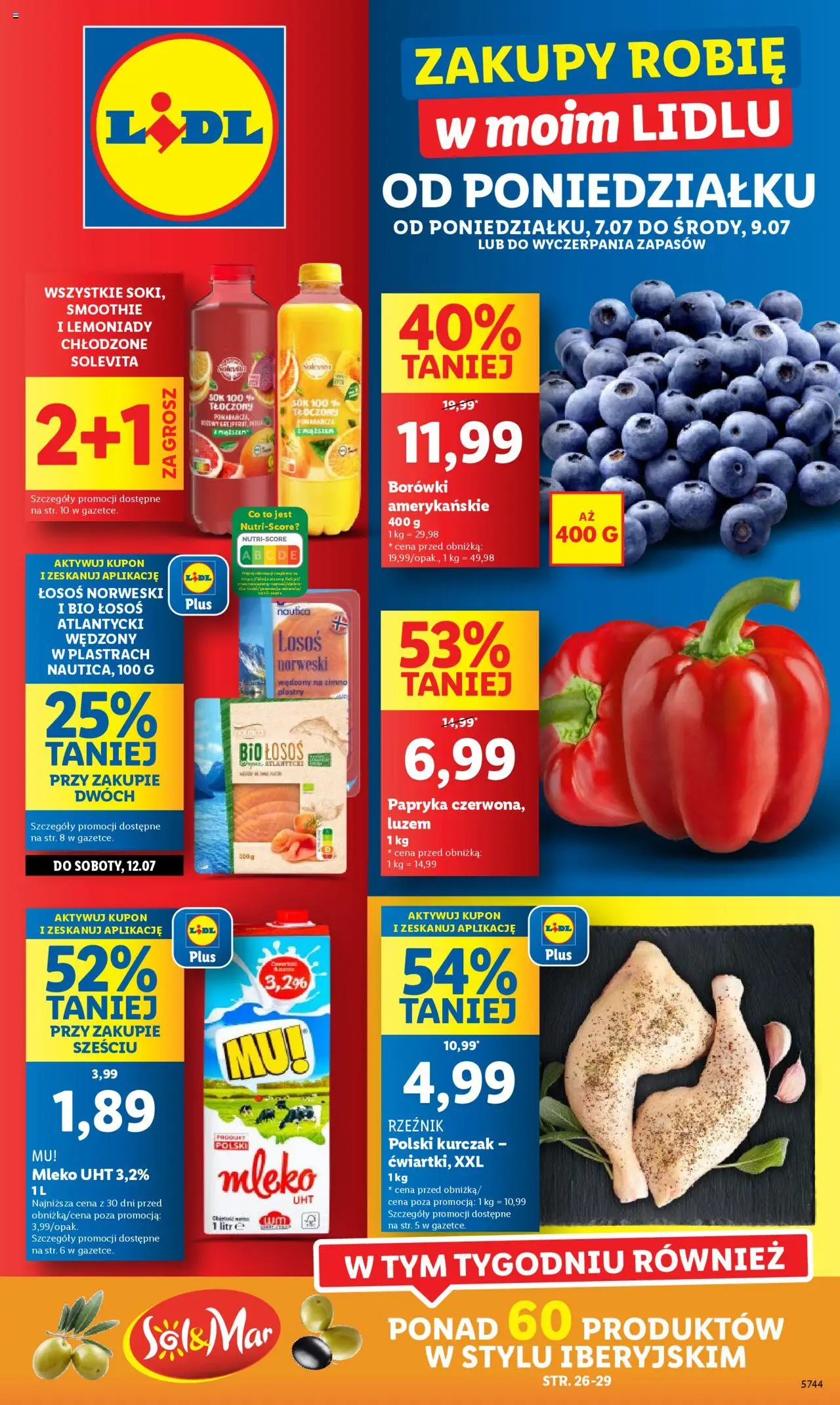 LIDL gazetka 07.07.2025 - 09.07.2025 - Najnowsza od czwartku - Numer strony 1 - Mleko, Sok, Smoothie, Łosoś norweski, Łosoś atlantycki, Borówki, Promocja, Mleko UHT