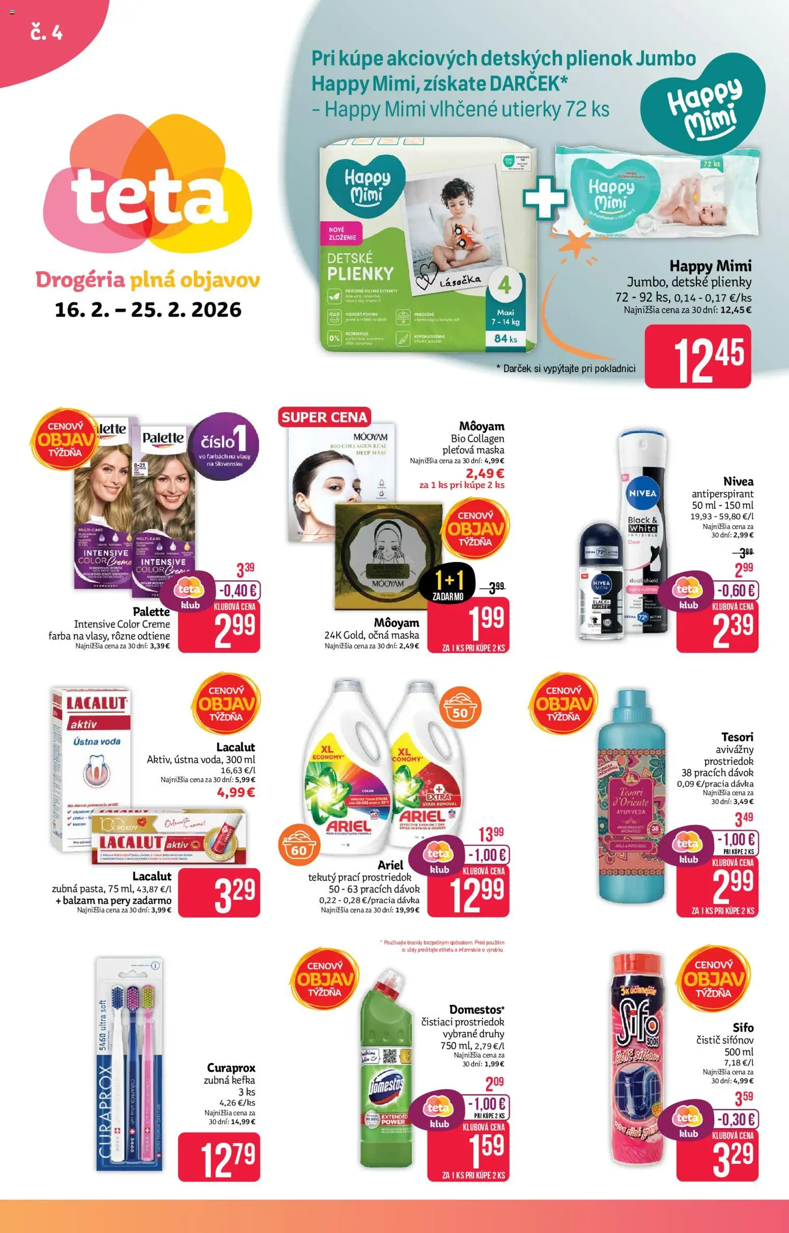 Náhľad Teta drogerie letáku platného od 16.02.2026 - Víno, Curaprox, Nivea, Antiperspirant, Zubná pasta, Detské plienky, Utierky, Ústna voda