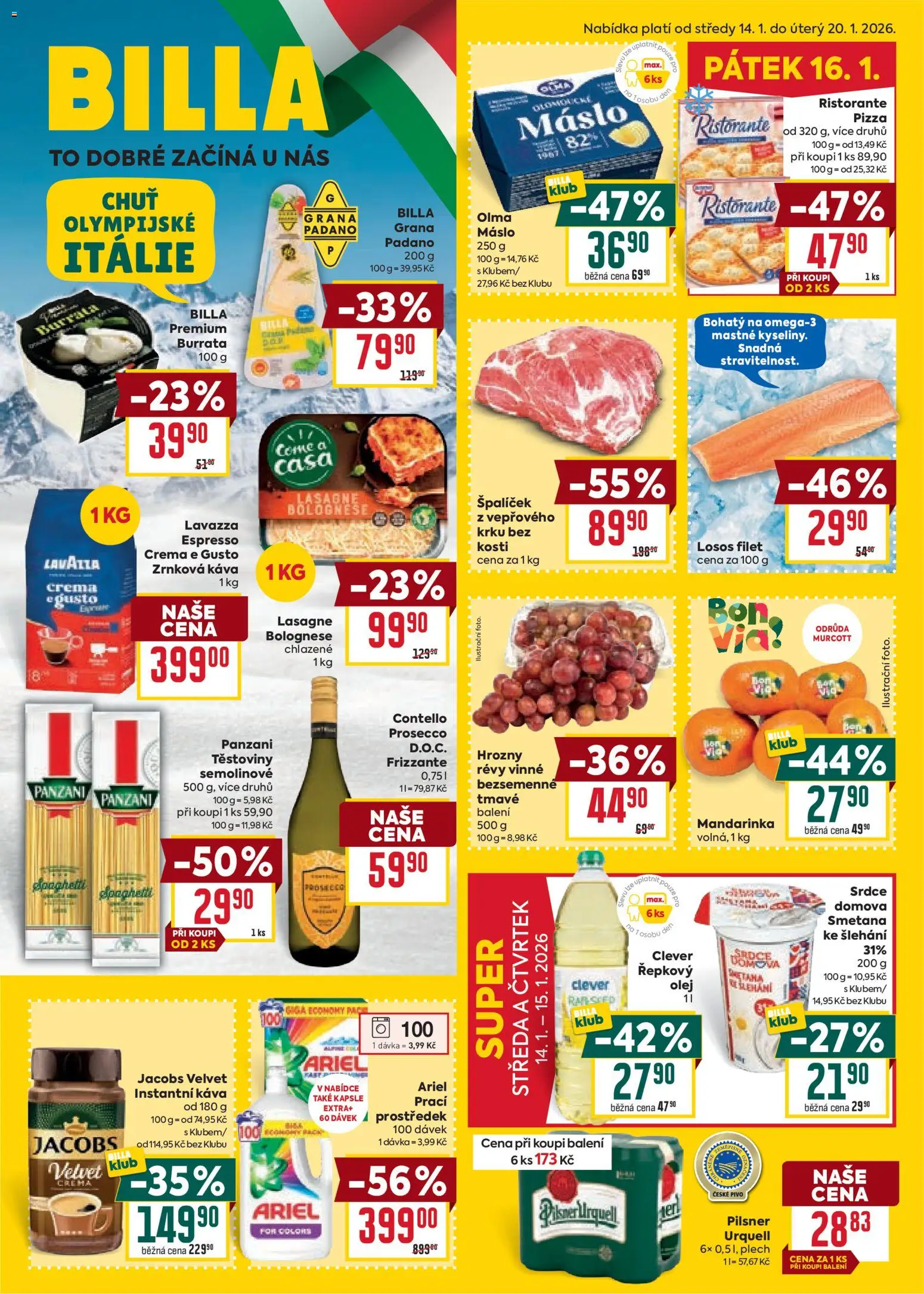 Náhled nabídky: Billa Velký leták platný od 14.01.2026 - Pizza, Pilsner Urquell, Burrata, Losos, Smetana, Olej, Instantní káva, Losos Filet