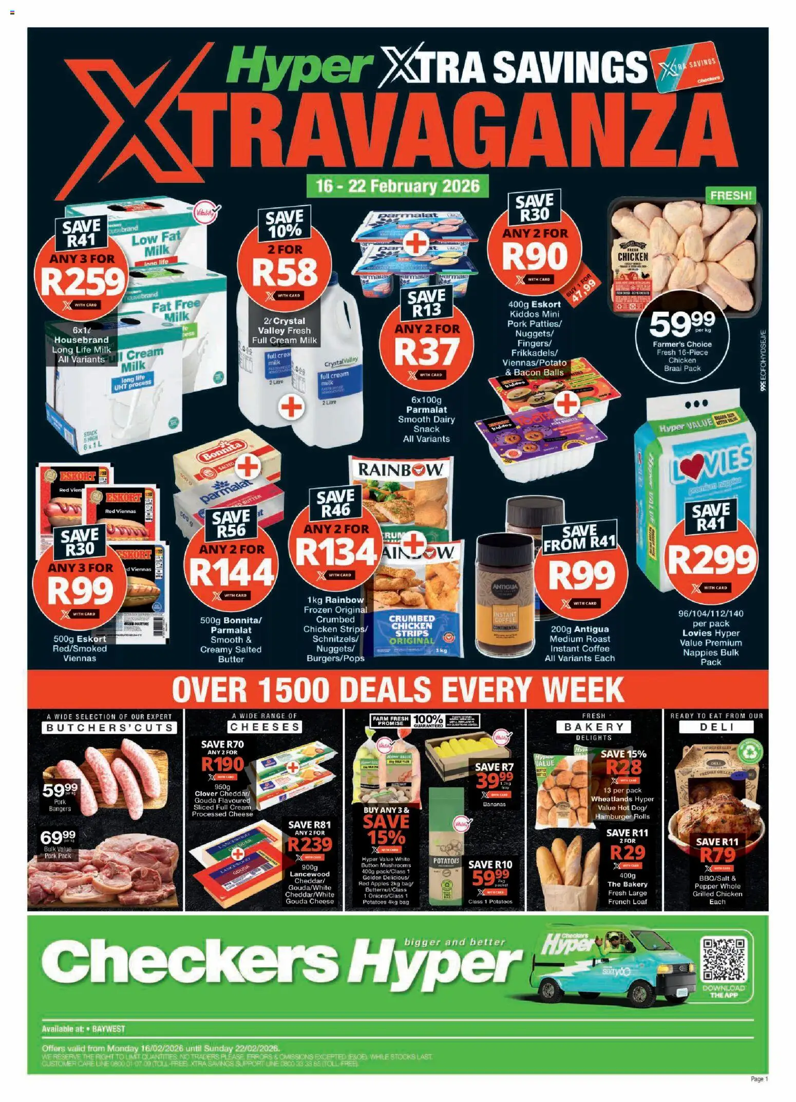 Preview of Checkers flyer valid from 16/02/2026 - Coffee, Tea, Milk, Bananas, Mushrooms, Nappies, Instant coffee, Cheddar