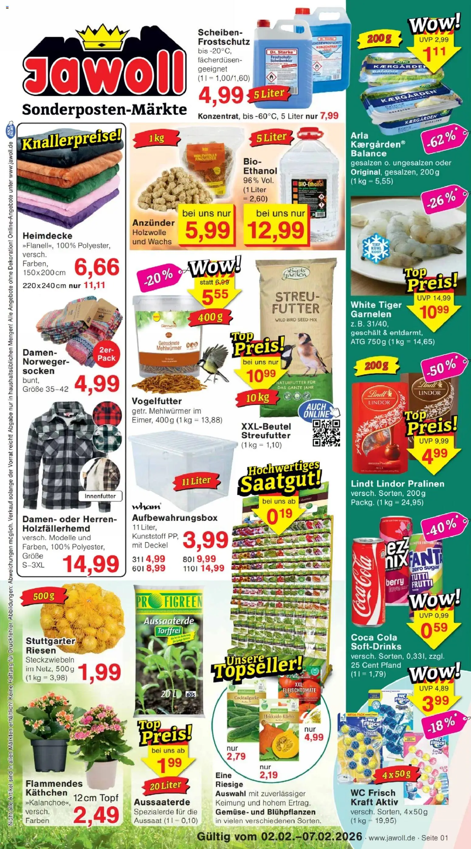 Vorschau von dem Prospekt des Geschäftes Jawoll, gültig ab dem 02.02.2026 - Coca cola, Lindt, Cola, Gemüse, Garnelen, Socken, Lindor, Wc frisch