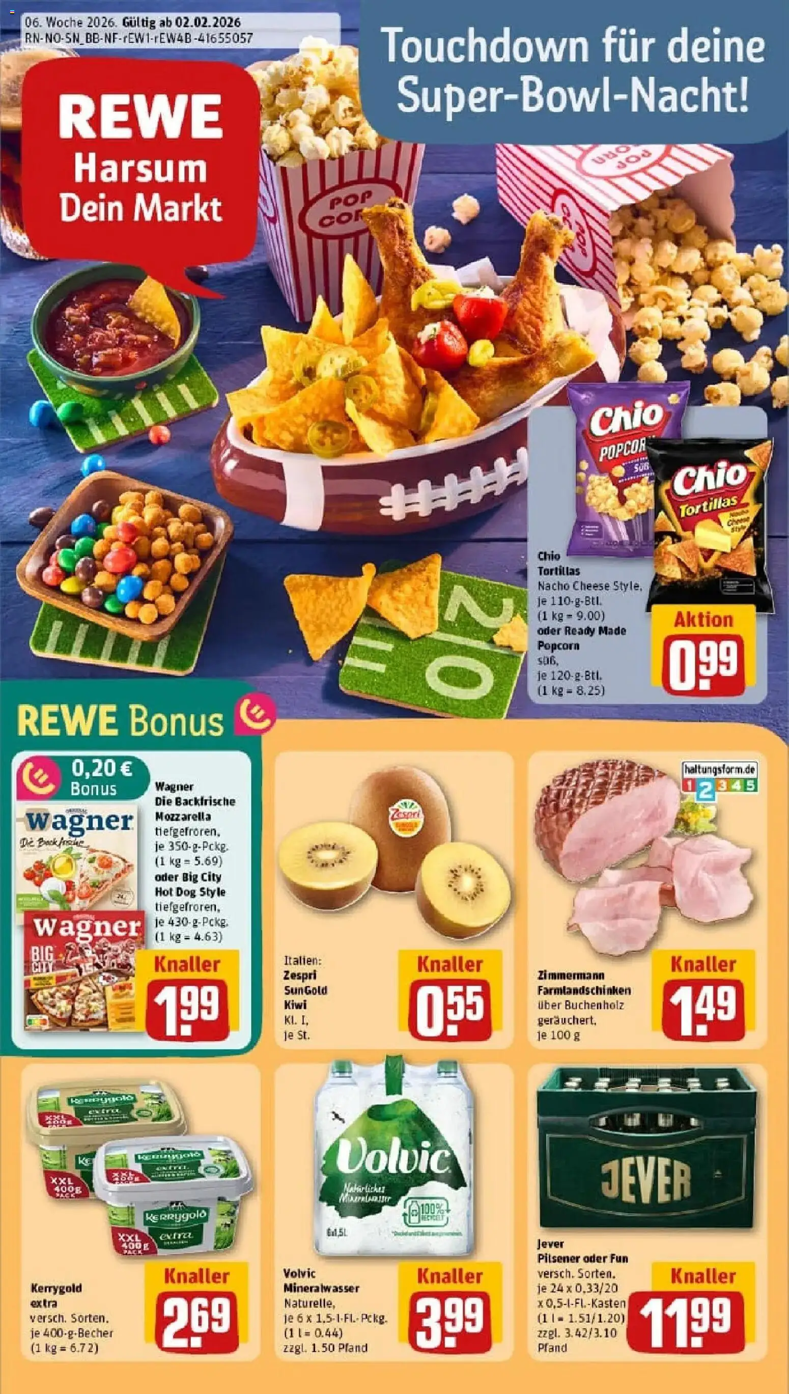 Vorschau von dem Prospekt des Geschäftes Rewe, gültig ab dem 02.02.2026 - Pizza, Butter, Tortillas, Mozzarella, Mineralwasser, Popcorn, Volvic, Chio tortillas