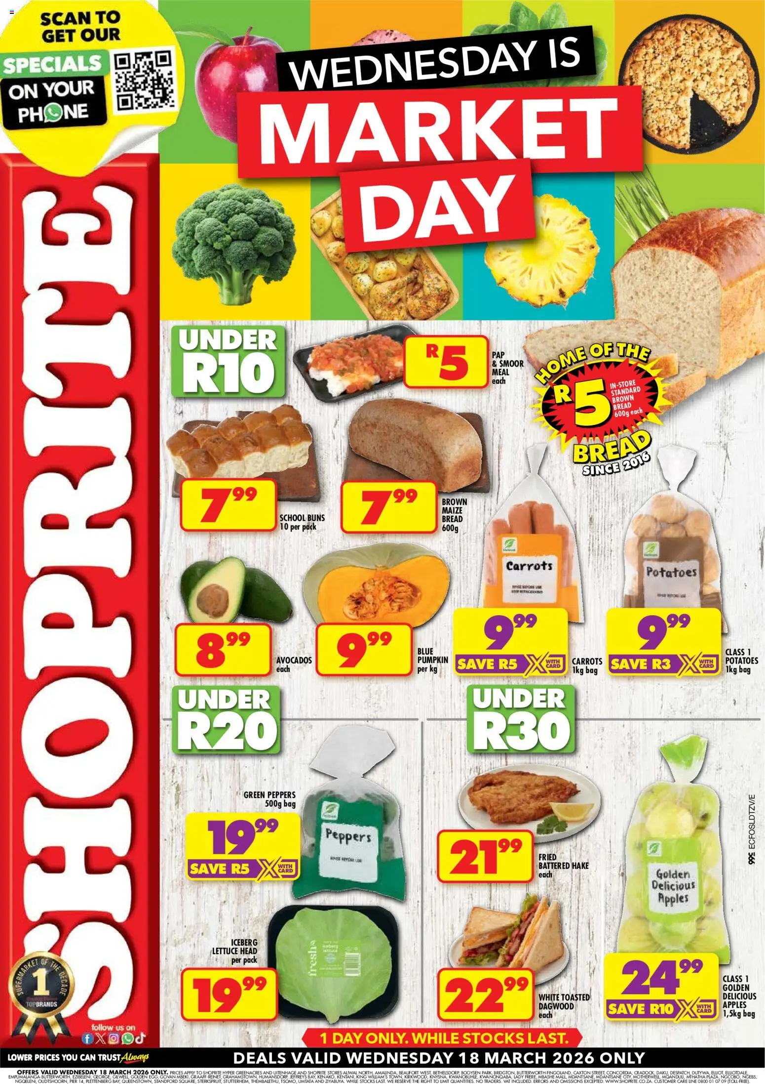 Preview of Shoprite flyer valid from 18/03/2026 - Apples, Bag, Bread, Avocados, Potatoes, Carrots, Lettuce, Buns